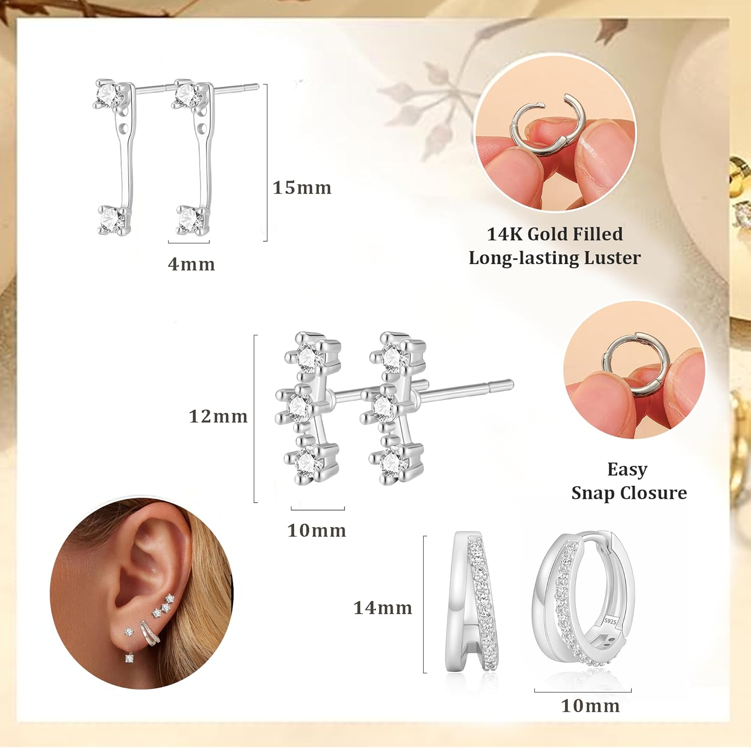 Valentines Day Gift 3 Pairs 925 Sterling Silver Earrings for Women Girls Non Tarnish Small Hypoallergenic Huggie Hoops Cartilage Stack Earring Sets for Multiple Piercing - Image 4