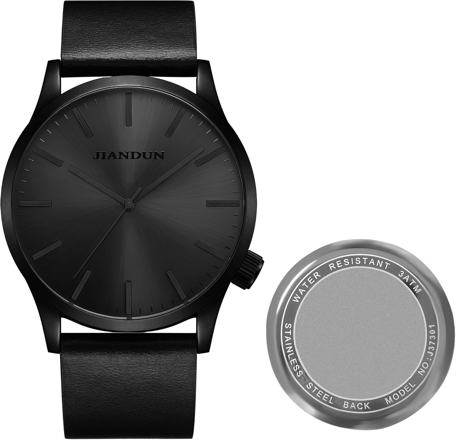 JIANDUN Mens Black Watches Minimalist Waterproof-Fashion Wrist Watch for Men Unisex Dress with Leather Band