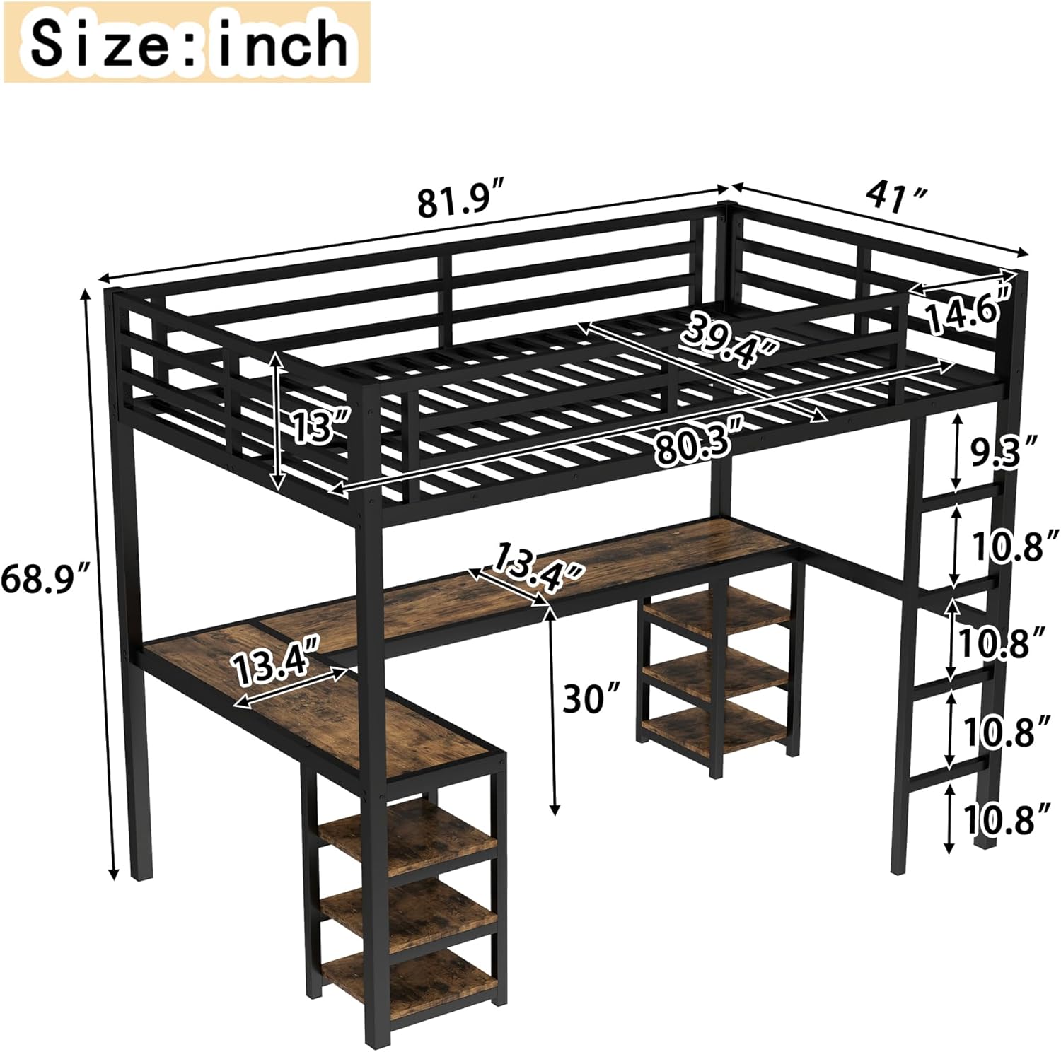 Bellemave Metal Twin XL Size Loft Bed with L Shaped Desk,Heavy Duty Loft Bed Twin XL Size with 6 Storage Shelves for Kids Teens,Adults,Space-Saving,Black