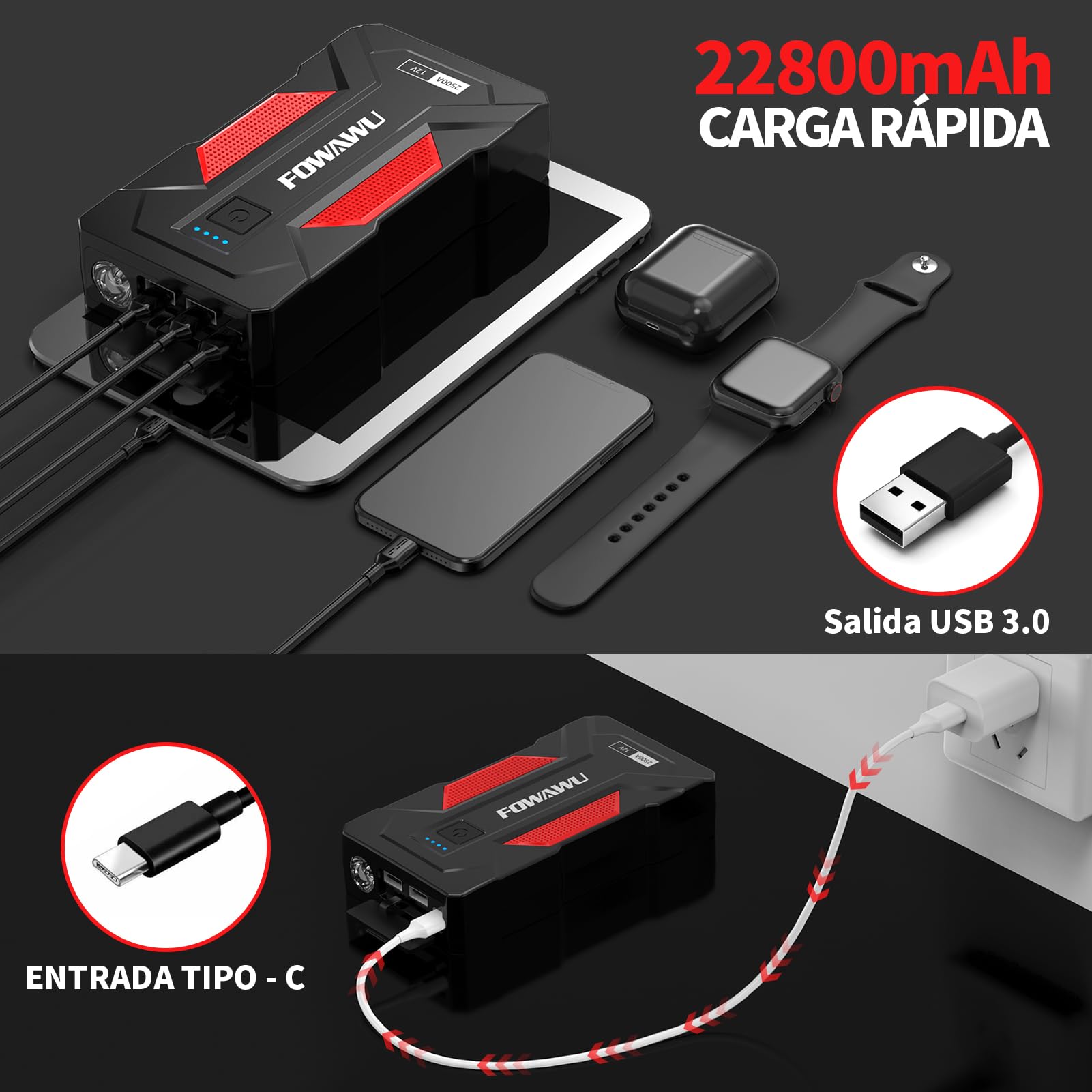 FOWAWU Arrancador de Coches 6000A 22800mAh Arrancador de Baterias de Coche Portátil para Motor 9,5L Gasolina o 7,5L Diesel con luz LED y 2 Puertos USB de Carga rápida