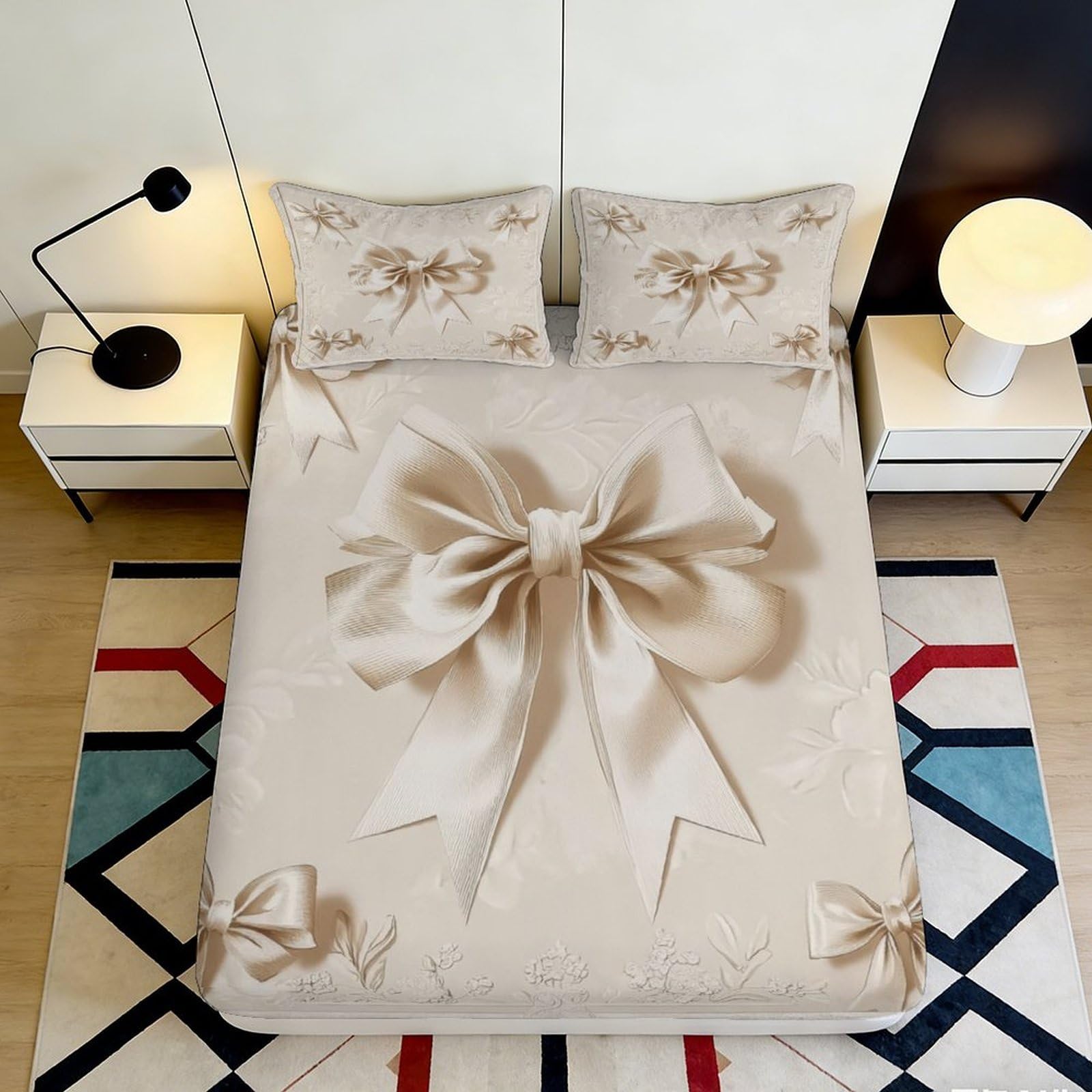 3D Printed Bow Ribbon Fitted Sheet Microfiber Soft Beige Decorative Bed Sheet for Bedroom Guestroom Mattress Cover 90x200x25cm