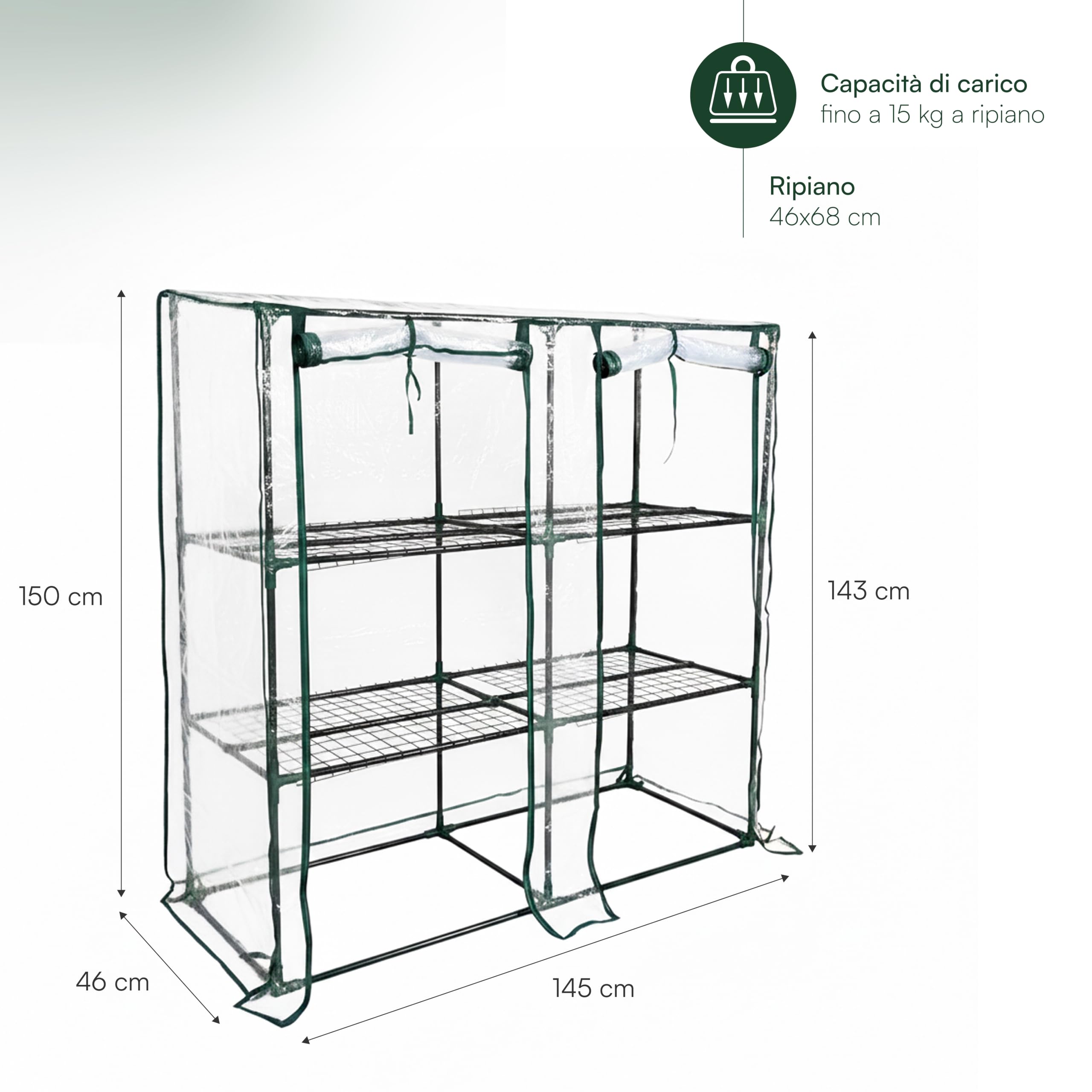 Baroni Home Serra da Giardino con Copertura in PVC Trasparente, Telaio in Acciaio Resistente, Porta Avvolgibile con Cerniera, Protezione da Pioggia, Vento e Uccelli (3 ripiani a muro)