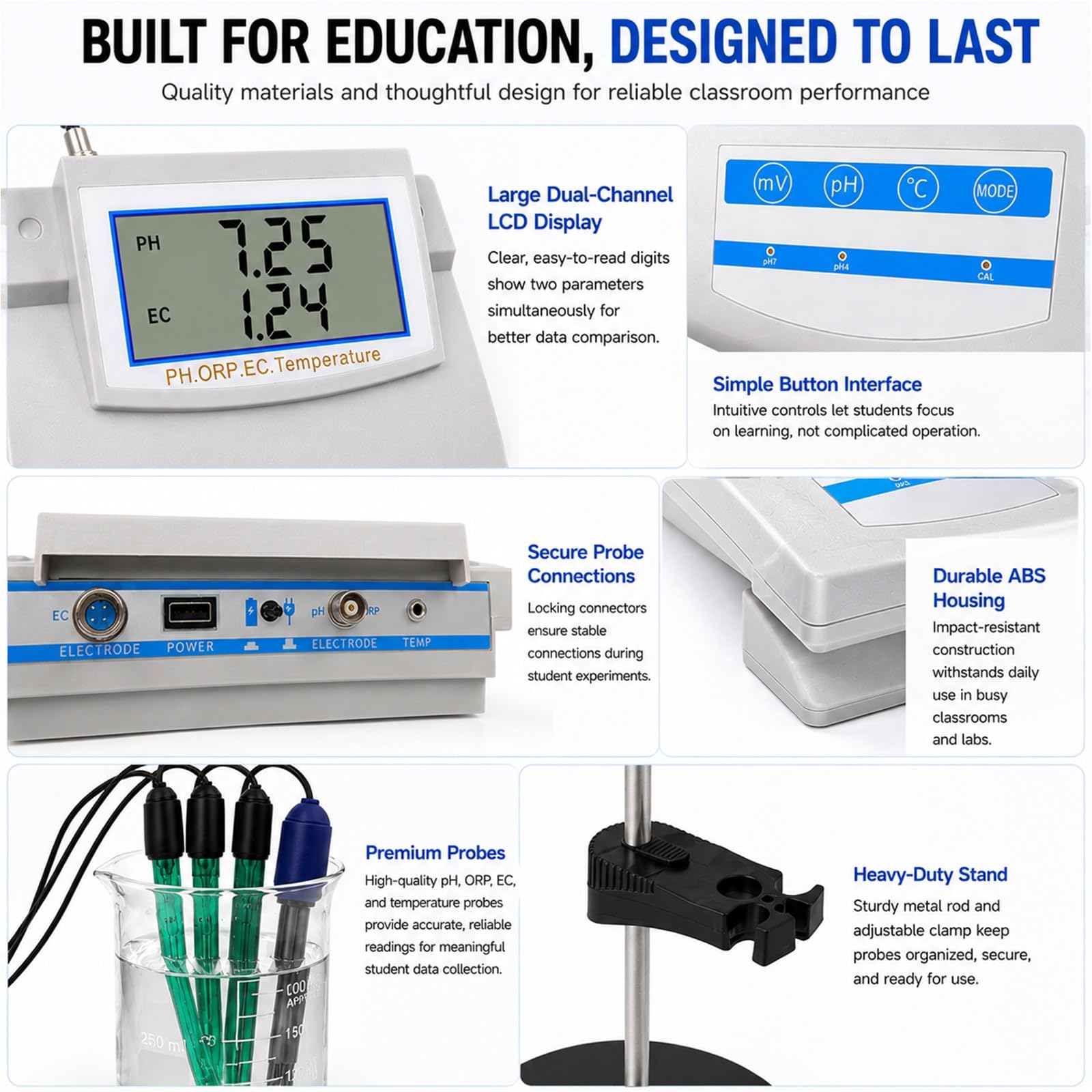 Monitor Calidad Agua 6 En 1 para Stem – Medidor Digital De Mesa pH TDS EC CF ORP Temp, Analizador Multiparámetro Lab con ATC para Aula Ciencias Y Laboratorio Escolar