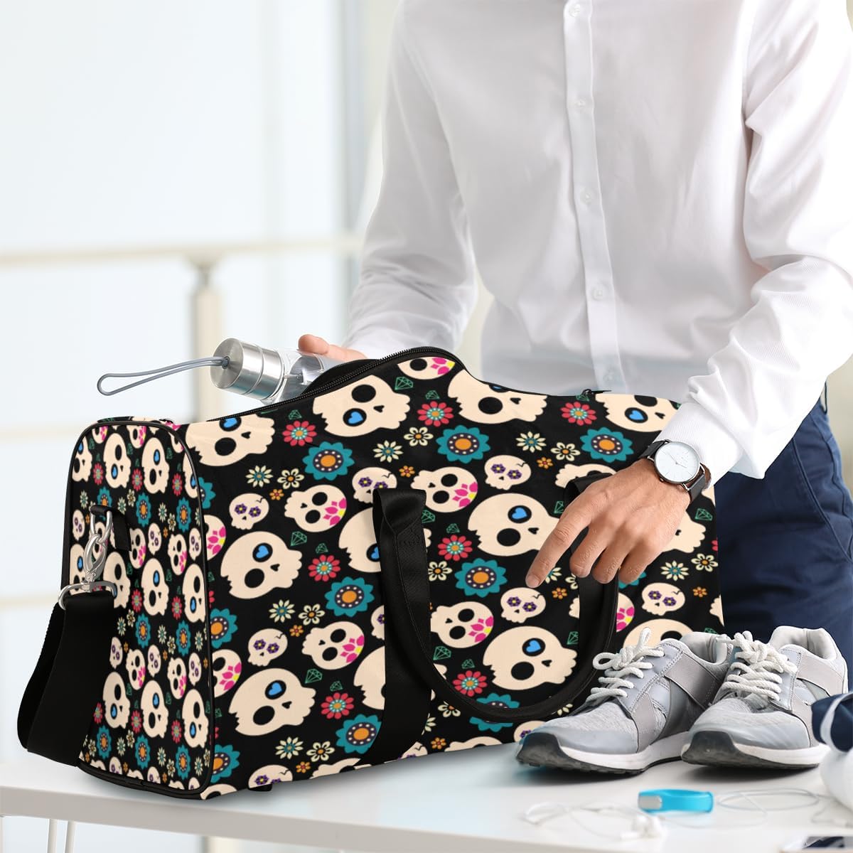 Cute Skulls Flowers Travel Duffel Bag for Women Men Large Capacity Overnight Weekender Bags for Lightweight Waterproof Sport Gym Bag for Workout Yoga Swim