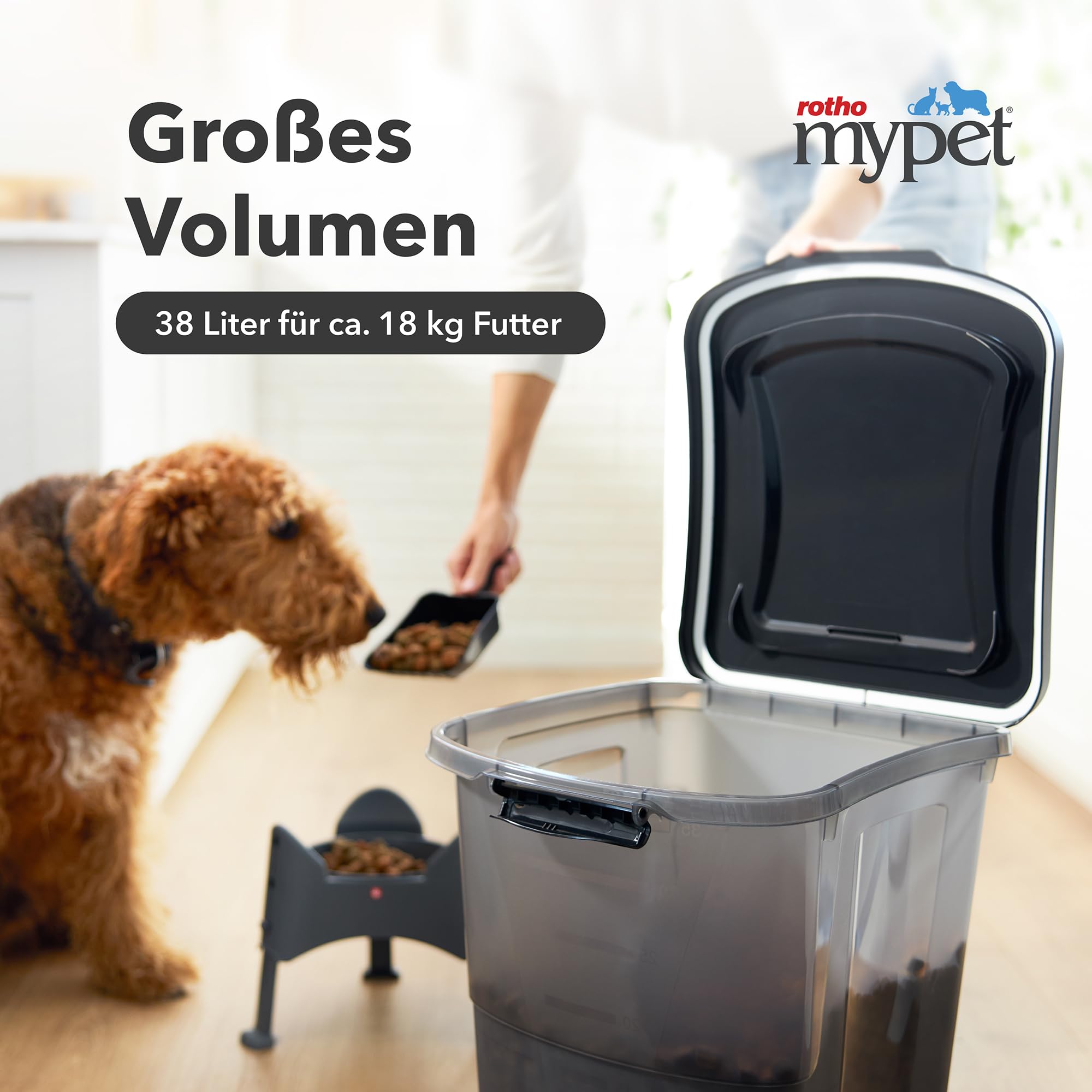 Rotho Archie Tierfutterbehälter Deckel, lebensmittelechter Kunststoff (PP) BPA-frei, schwarz transparent, 38l, (41 x 37 x 50 cm)