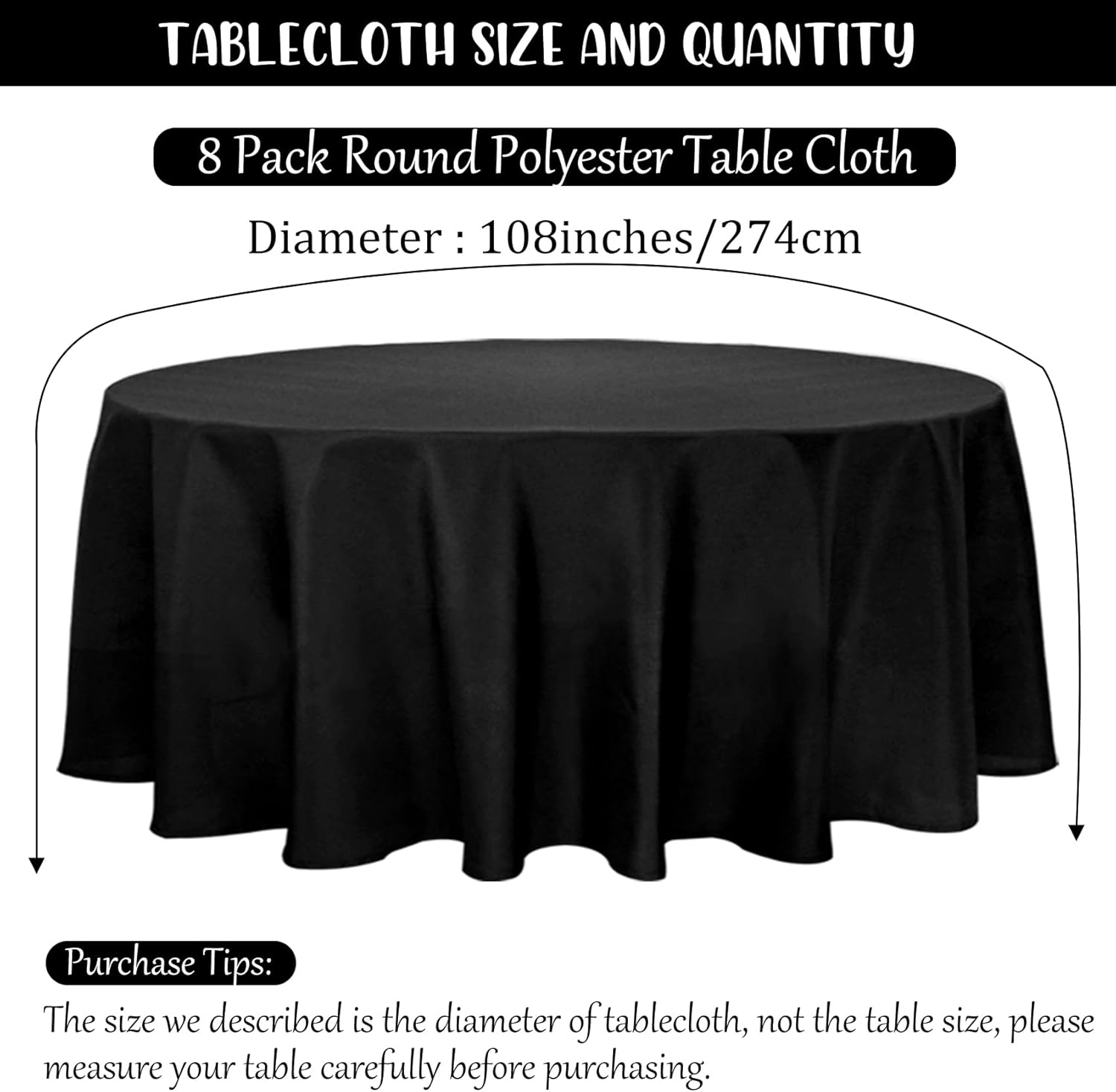 Fivenl 8 Pack Premium Round Tablecloth 108 Inch Round Table Covers Washable Polyester Fabric Round Table Clothes for Wedding Party Reception Banquet Buffet Restaurant (Black, 108 Inch) 108 Inch Round Black 8