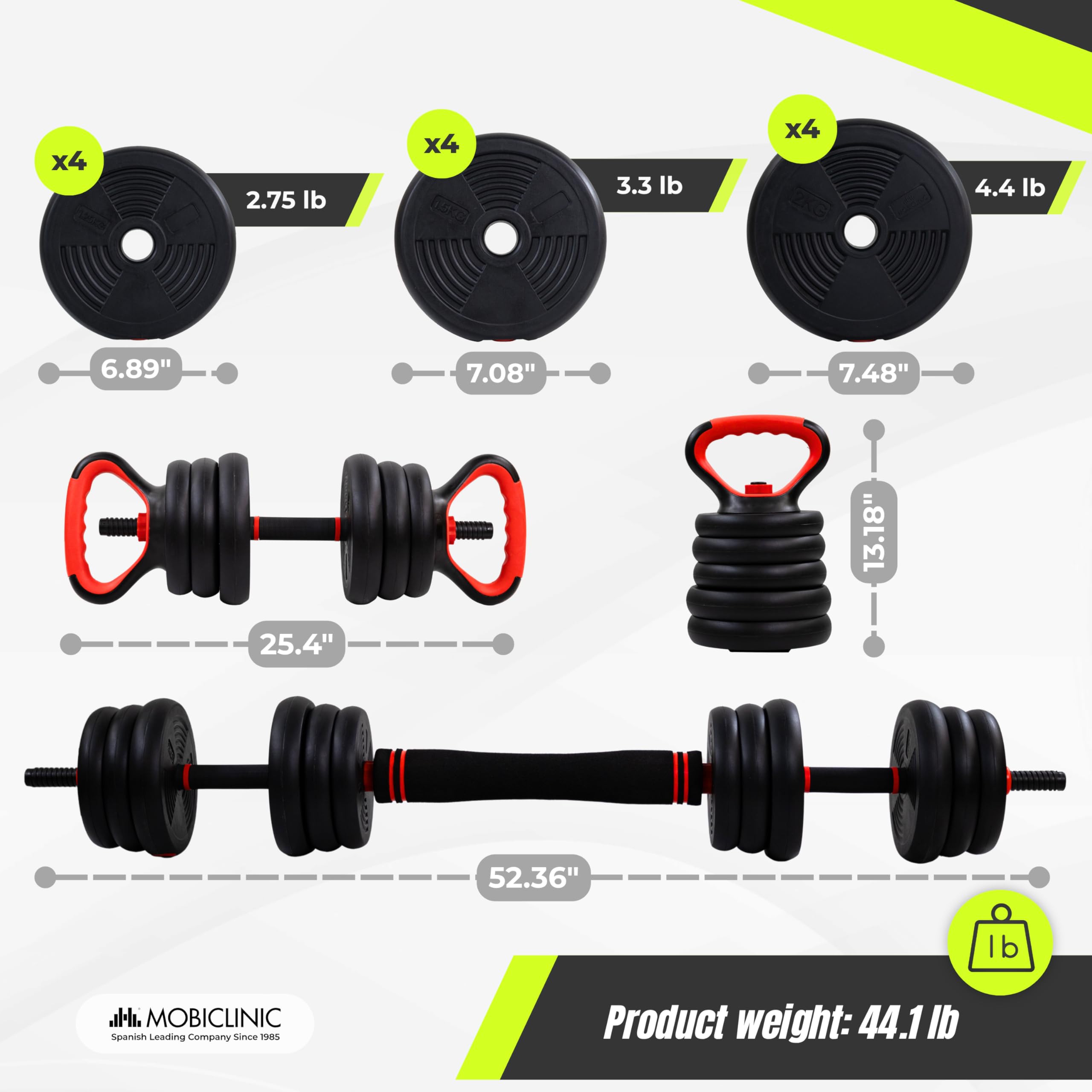 Mobiclinic®, Mancuernas Ajustables 20 Kg, 4 en 1, Juego de Pesas, Mancuernas, Kettlebells y Soporte para Flexiones, Barra de Conexión, Agarre Antideslizante, Mobimax, Gimnasio en Casa, Fitness