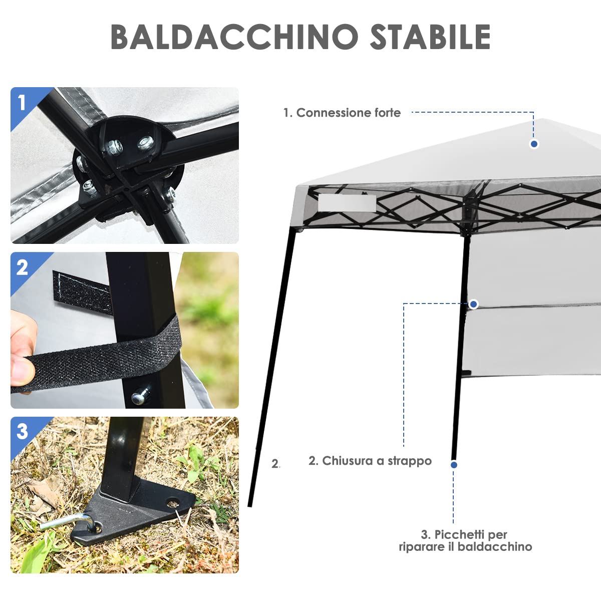 COSTWAY Gazebo Pieghevole da Giardino 210 x 210CM, Struttura in Acciaio, Altezza Regolabile, Gazebo da Esterno con Borsa, Ideale per Feste, Barbecue, Giardino e Spiaggia (bianco)