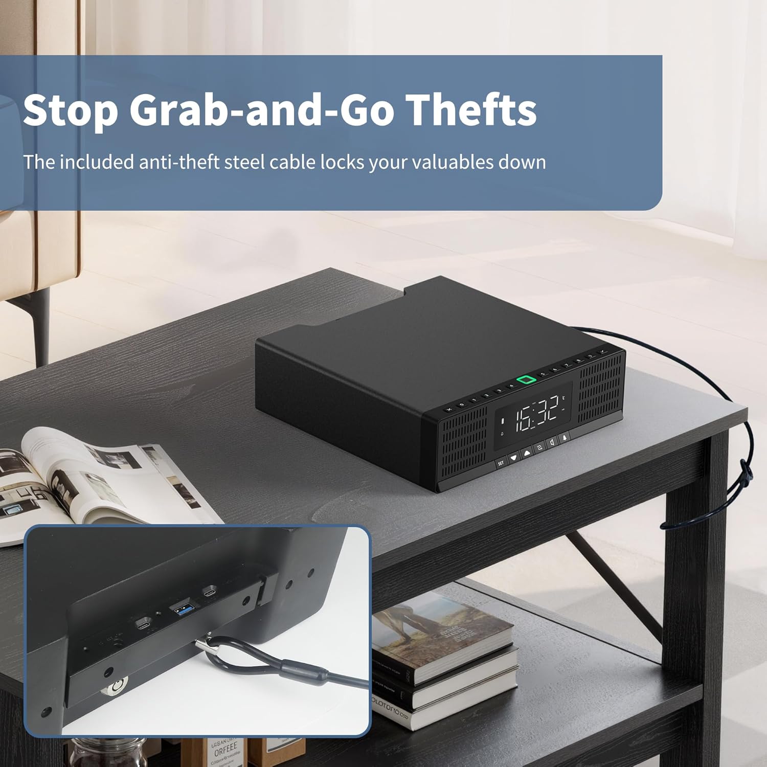 Smart Security Box, Biometric Fingerprint Safe for Handgun & Valuables, Portable Lock Box with Bluetooth, Anti-Theft Steel Cable, USB Charging, Digital Keypad, Hidden Audio Design