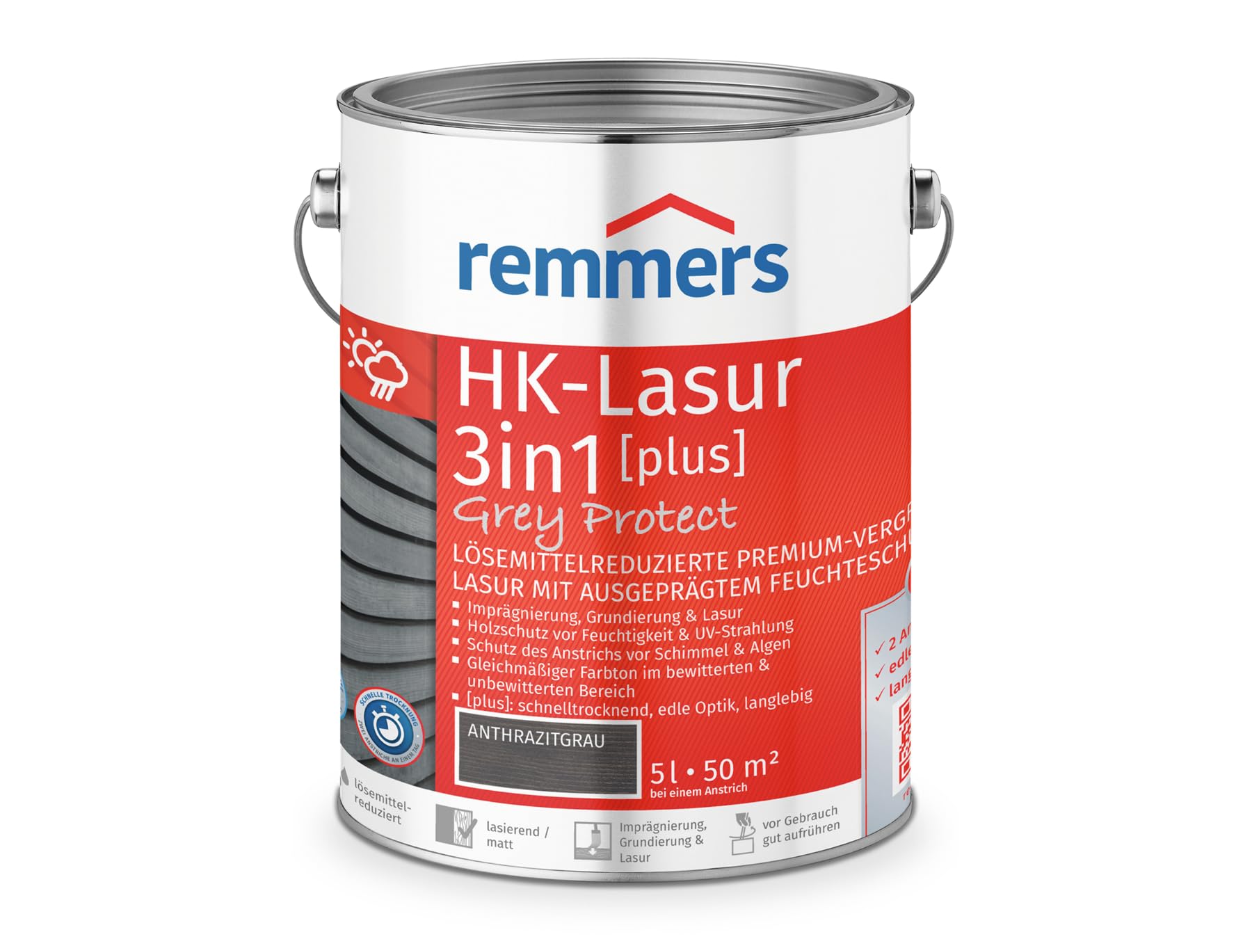 Remmers HK-Lasur 3 en 1 Grey Protect [plus] gris antracita mate, 5 L, barniz gris premium reducido con disolventes para exteriores, 3 en 1, secado rápido, duradero