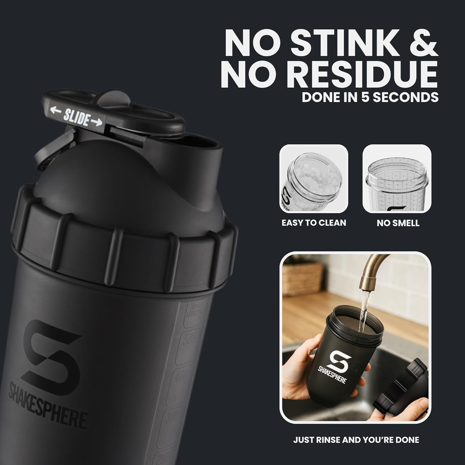 SHAKESPHERE Shaker Bottle - 24oz Leak Proof Protein Shaker Bottle for Pre Workout, Smoothie, and Powder Drink Mixes, No-Blade Mixer for Gym, BPA-Free, Easy Clean & Easy to Carry (Matte Black) - Image 8