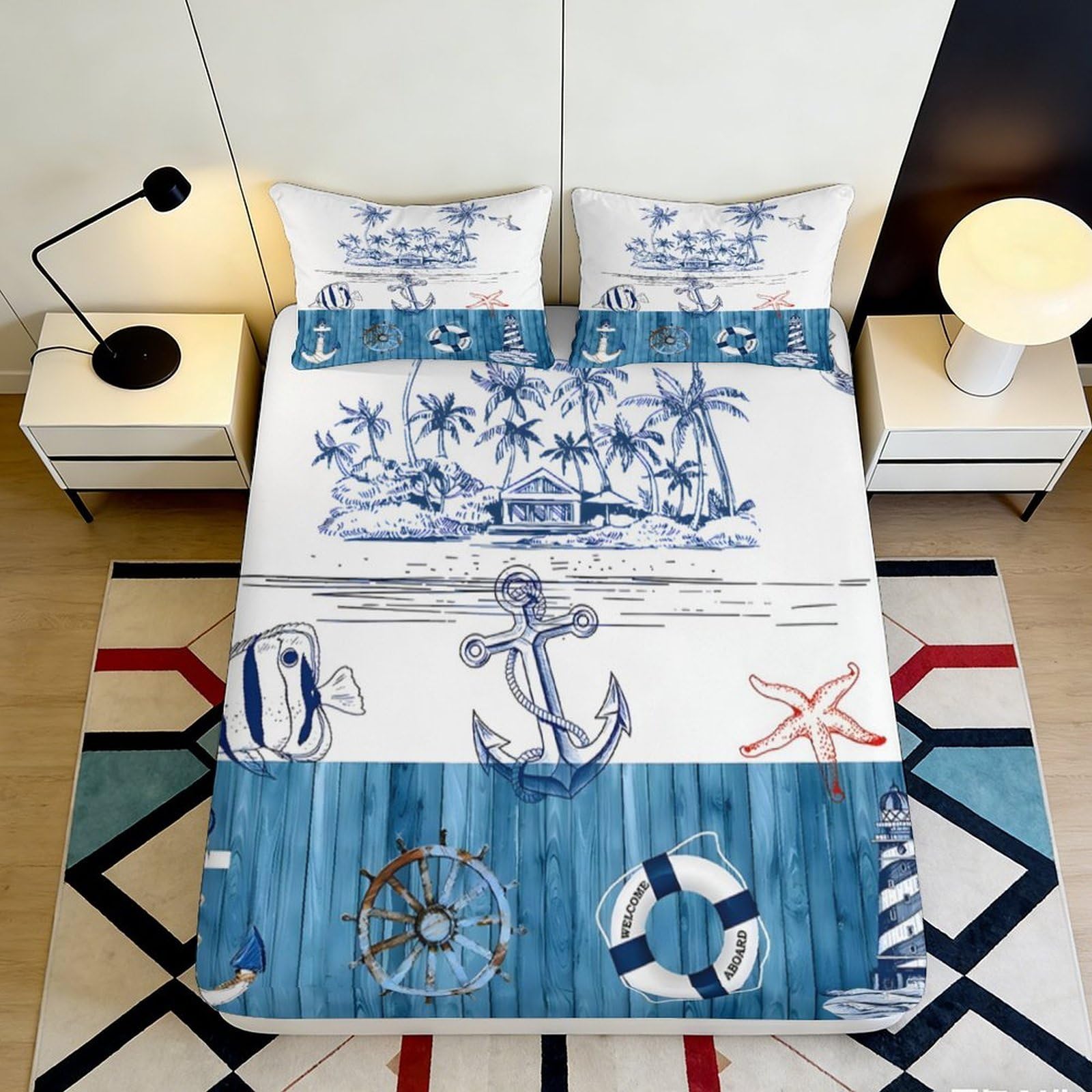 3D Printed Nautical Beach Fitted Sheet Microfiber Soft Breathable Ocean Anchor Mattress Cover for Bedroom Guest Room Decor 90x200x25cm