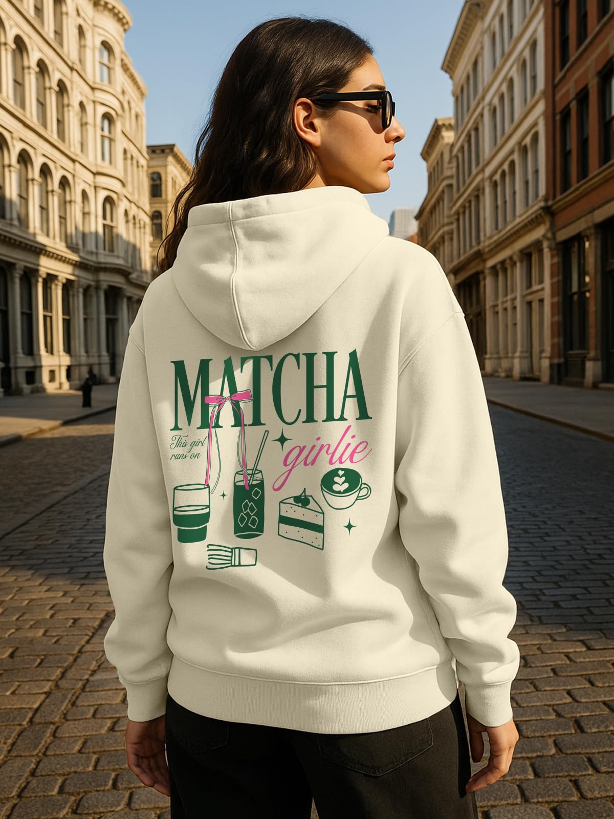 JUNEBERRY Poliestrowa bawełna krój oversize opadające ramię bluza z kapturem z długim rękawem z nadrukiem graficznym damska bluza z kapturem (kolor: Marshmellow, różowy, czarny i czerwony)