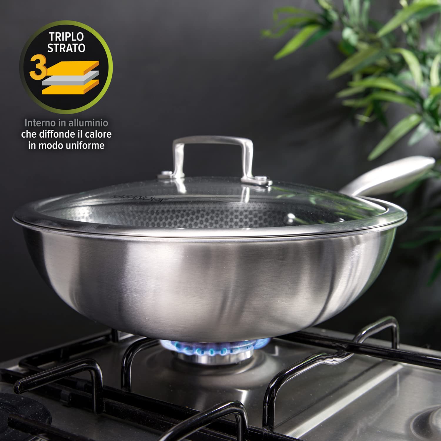 KASANOVA Wok antiaderente con rivestimento nido d'ape 28 cm Tri-ply, con coperchio in vetro