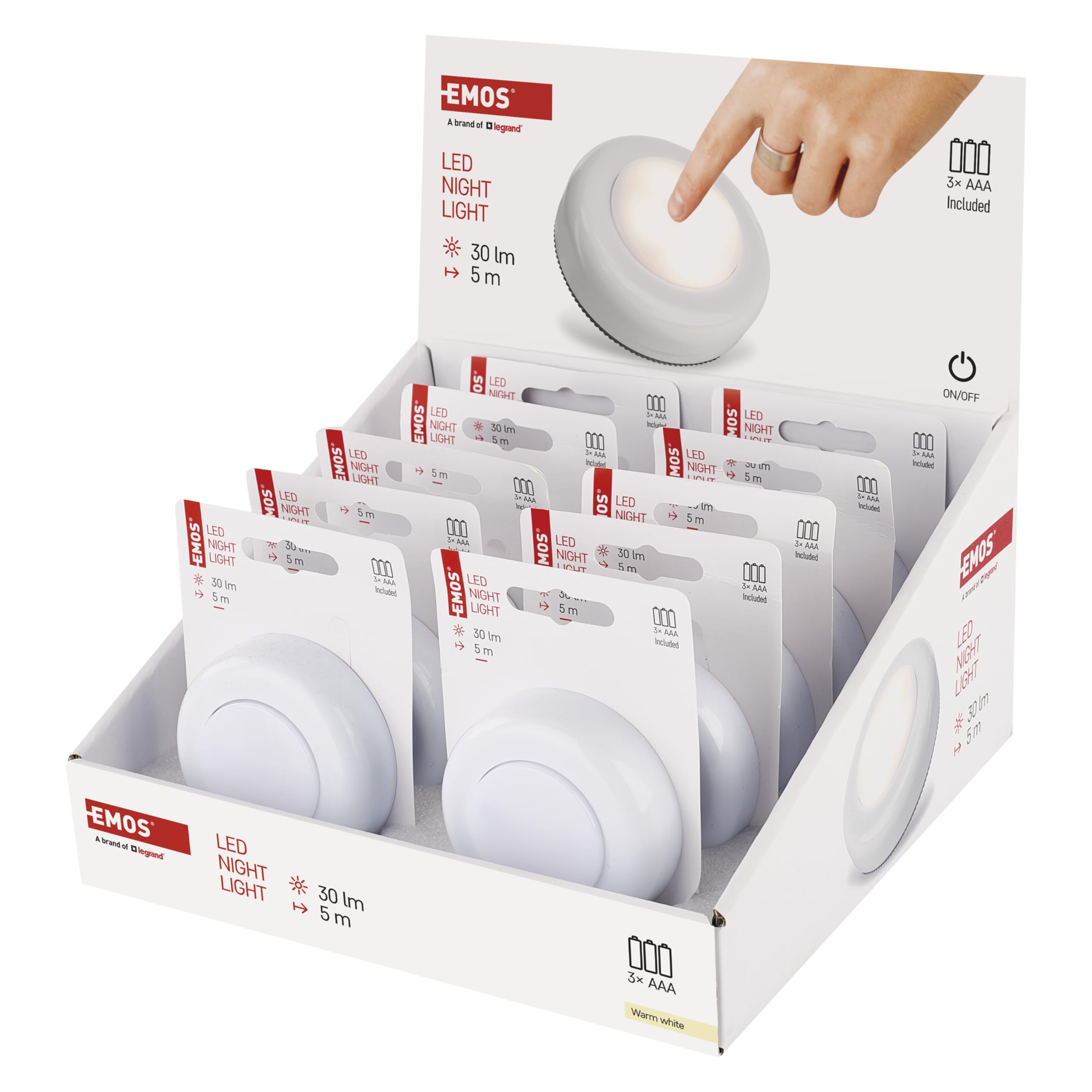 EMOS - Lampka nocna LED 10 sztuk z podkładkami samoprzylepnymi – 10 x światło orientacyjne zasilane bateriami (w zestawie 3 x AAA) – lampka dociskowa dla dzieci i seniorów do naklejenia – jasność 30