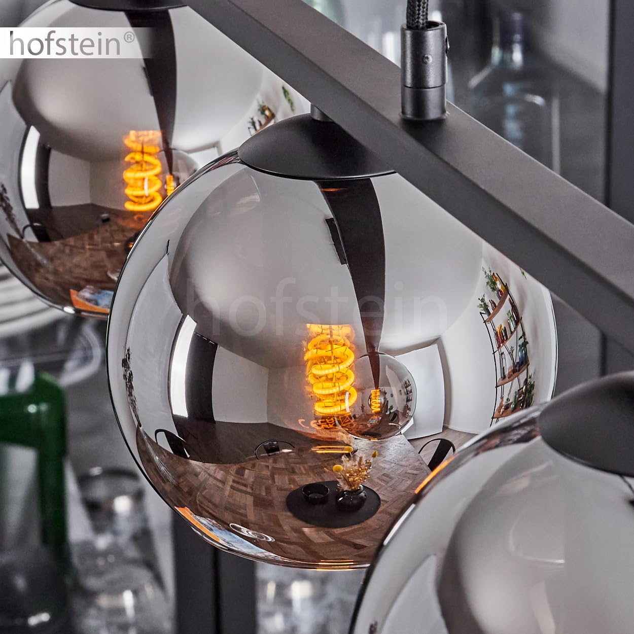 Pendelleuchte Koyoto, Hängelampe aus Metall/Glas in Schwarz/Chromfarben, Hängeleuchte im Retro/Vintage-Design mit Glasschirmen (Ø 15 cm), 5-flammig, Höhe max. 111,5 cm, 5 x E27, ohne Leuchtmittel