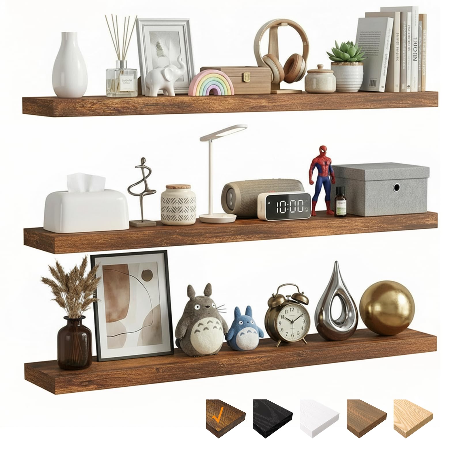 RICHER HOUSE 80cm Floating Shelves for wall, Brown Wall Shelves with Invisible Brackets, Wooden Shelves MDF for Bathroom, Bedroom, Office, Living Room, Kitchen, Set of 3, 80 x 23.5 x 3.8 cm