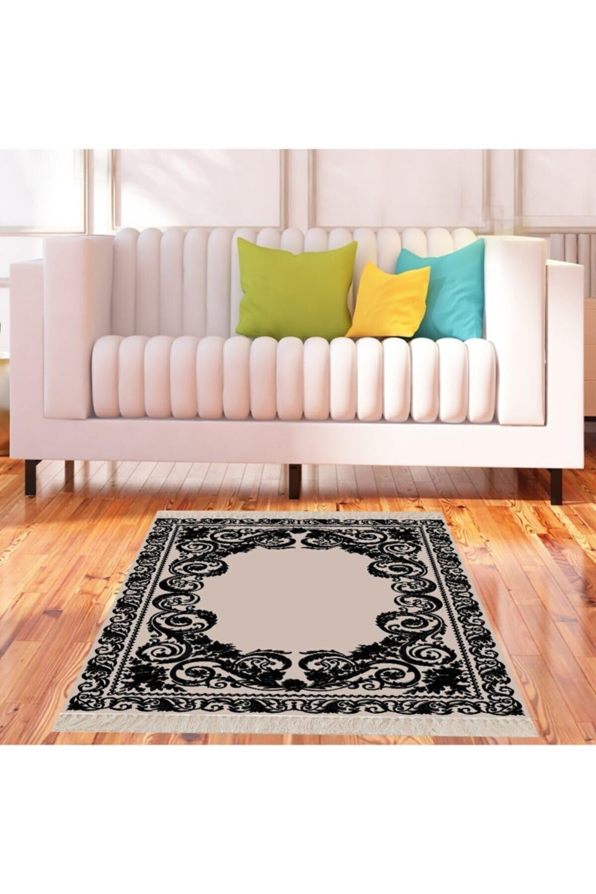 Pelangi Osmanlı Desen Çerçeveli Dijital Baskı Yıkanabilir Klasik Salon Halısı ve Yolluk, Kahverengi-Siyah 160 x 350