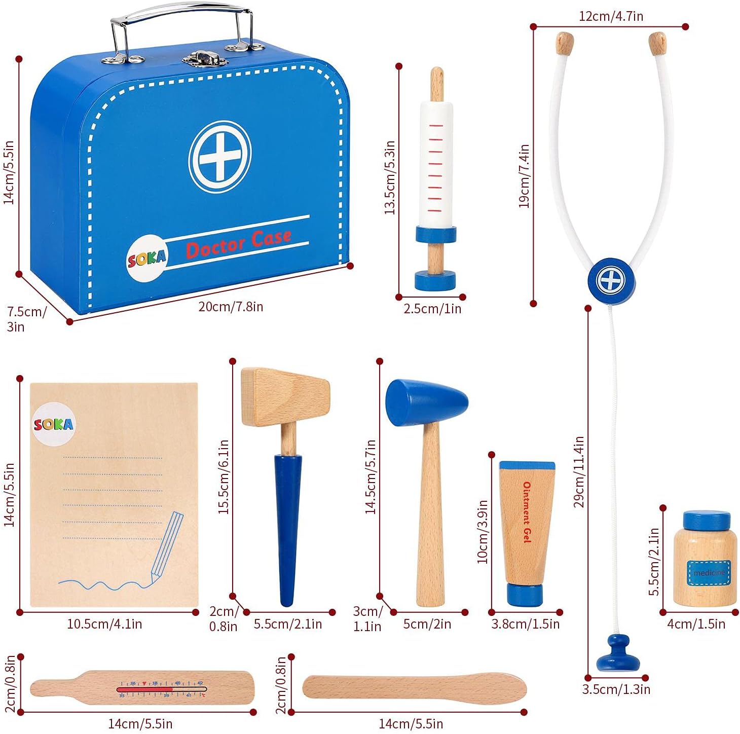 SOKA 10 pcs Wooden Doctor Set for Kids Pretend Doctor Role Play Educational Toy Nursing Kit with Portable Medical Carry Case - Image 5