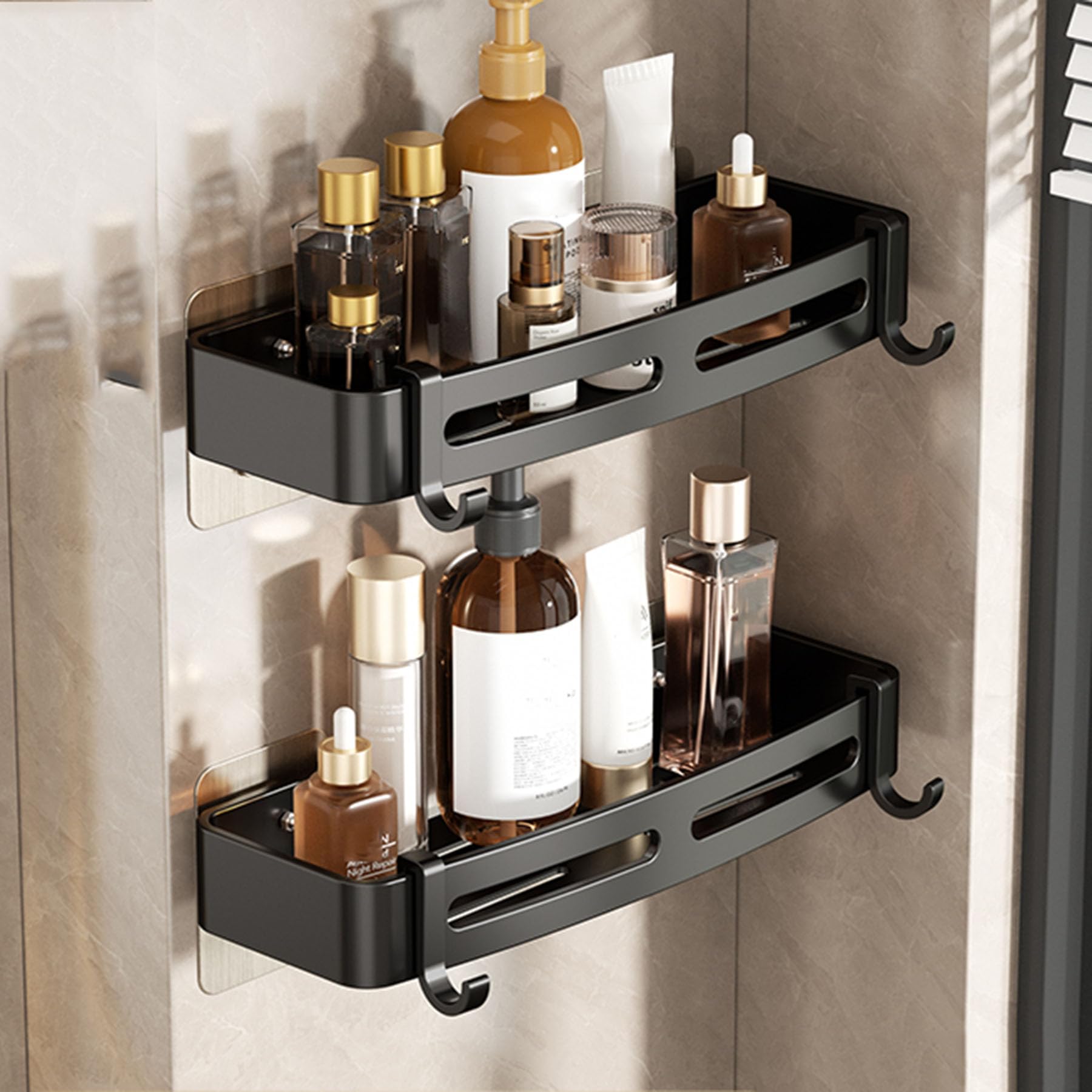 SRURLLUG Shower Caddy Bathroom Shelve Adhesive Shower Caddy Organizer Shelves Rack With Hooks No Drilling Rustproof Wall Mounted