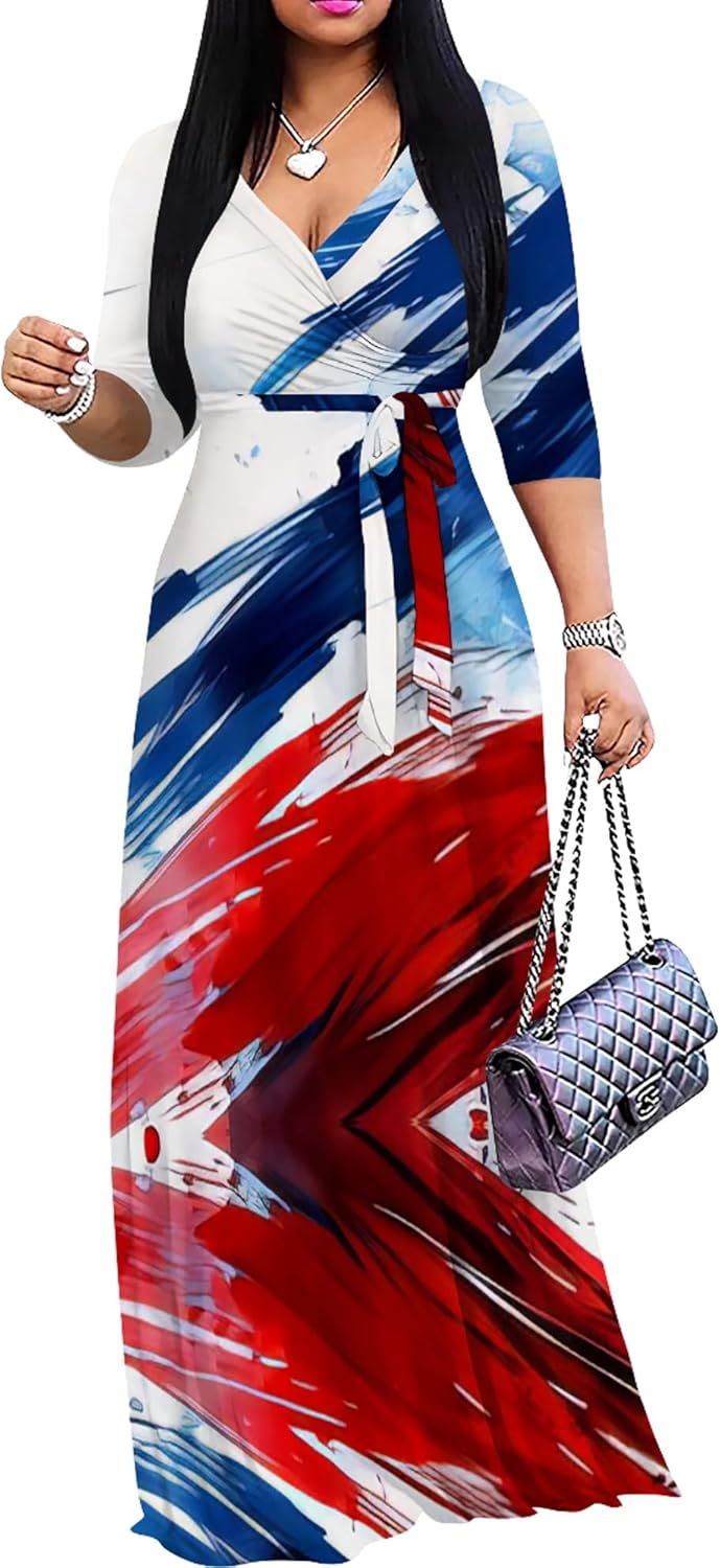 PinkPatty Plus Size Maxi Dresses for Women Casual Flowy Long Dress 3/4 Sleeve V Neck Wrap Dress with Belt