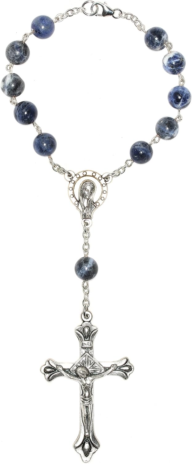 Gemstone Catholic Prayer One Decade Rosary -CHOOSE POCKET Or AUTO (Clasp for Hanging)- Includes Holy Card, Gemstone meaning -Communion, Confirmation, RCIA, Christmas, Easter, Reconciliation, Wedding