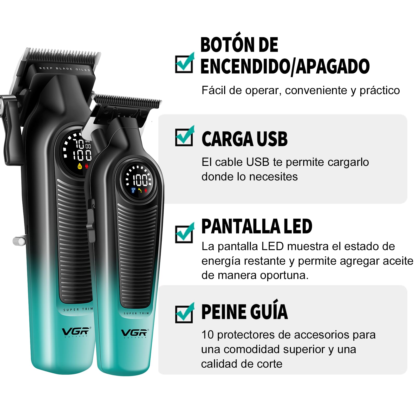 VGR 196 & 996 Set de Maquina Cortar Pelo Profesional, Kit de Maquina, Verde | Cortar Pelo Hombre Inalámbrico con Cuchillas de Cerámica Recubiertas de Titanio, Pantalla LED, 10 Peine Guías y 1 Peine