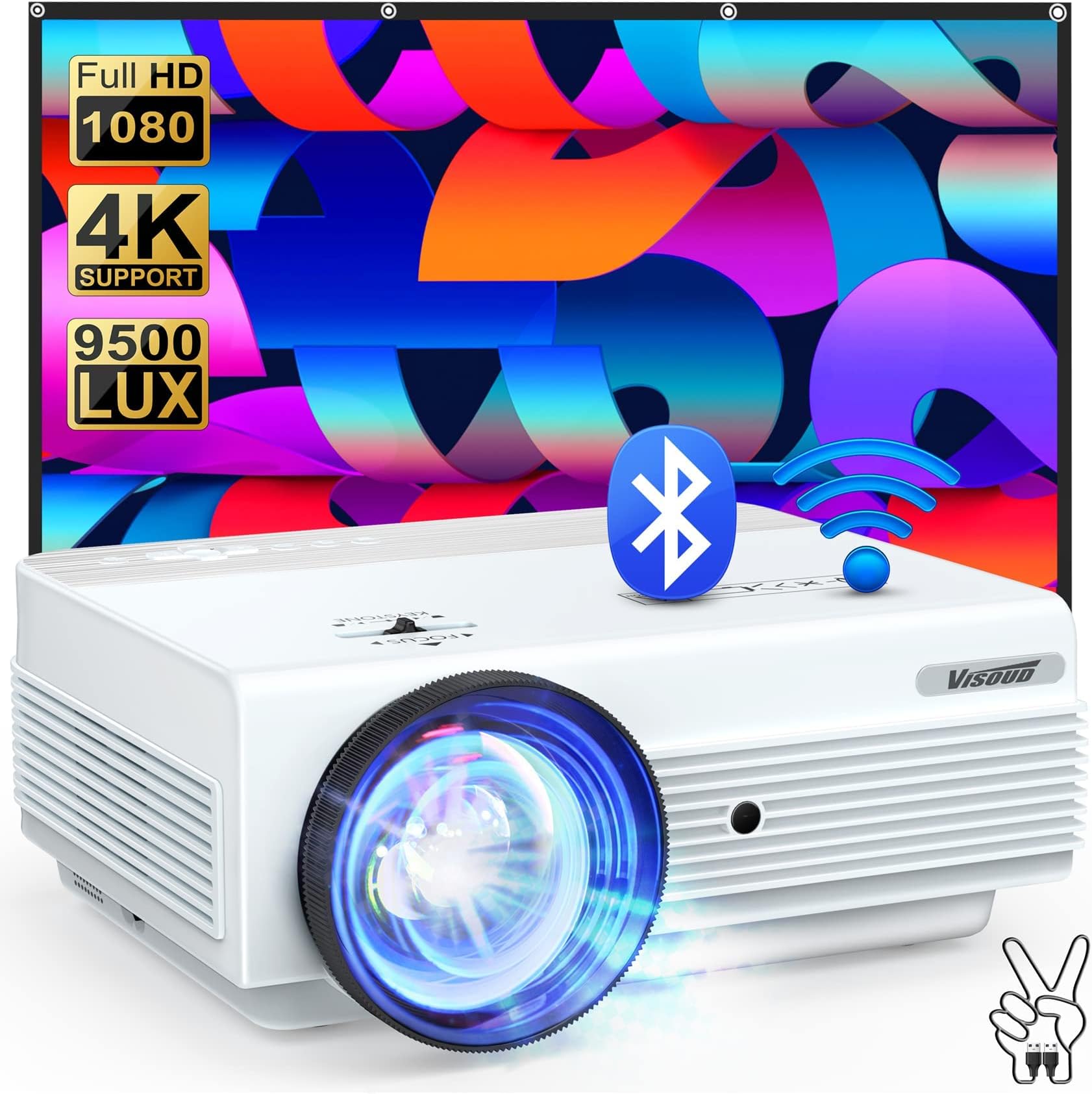 Native 1080P WiFi Bluetooth Projector, VISOUD 9500L with 120'' Screen Portable Outdoor Movie Projector, Zoom & 300'', Home Theater Video Projector Compatible w/ HDMI, VGA, TF, USB, AV, TV Stick, PS4