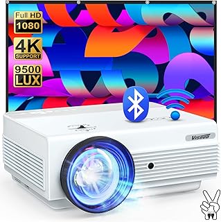 Native 1080P WiFi Bluetooth Projector, VISOUD 9500L with 120'' Screen Portable Outdoor Movie Projector, Zoom & 300'', Home Theater Video Projector Compatible w/ HDMI, VGA, TF, USB, AV, TV Stick, PS4