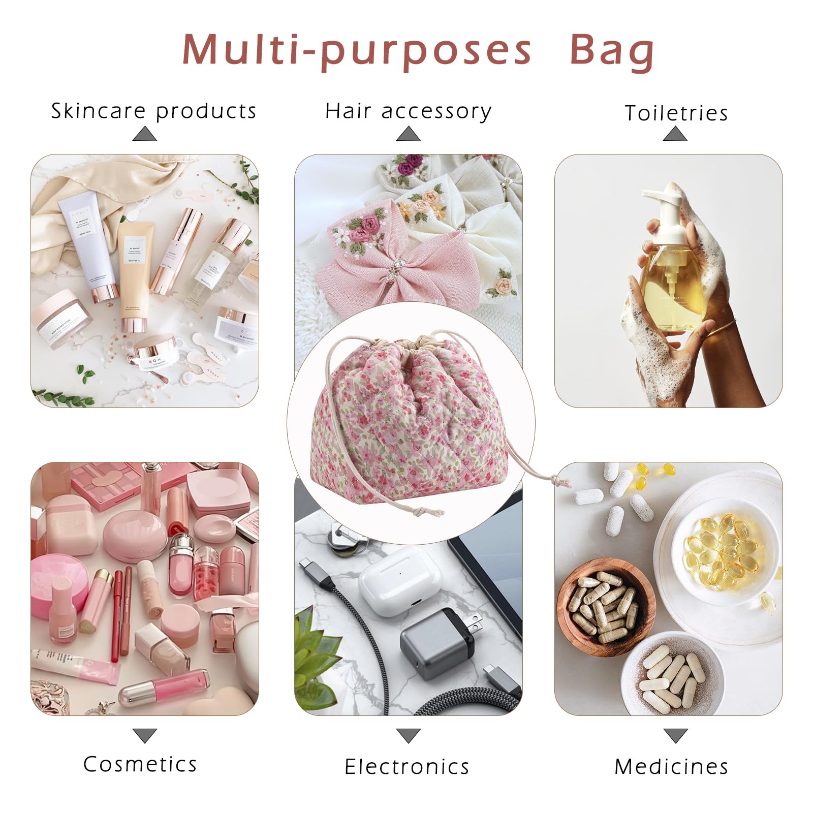 RSRSLEII Kleine Make-up-Tasche aus Baumwolle, gesteppt, mit Kordelzug, süße Kokette-Kosmetiktasche mit Leinenfutter, ästhetische Reise-Kulturbeutel für Geldbörse, Geschenk für Mädchen und Frauen, 03