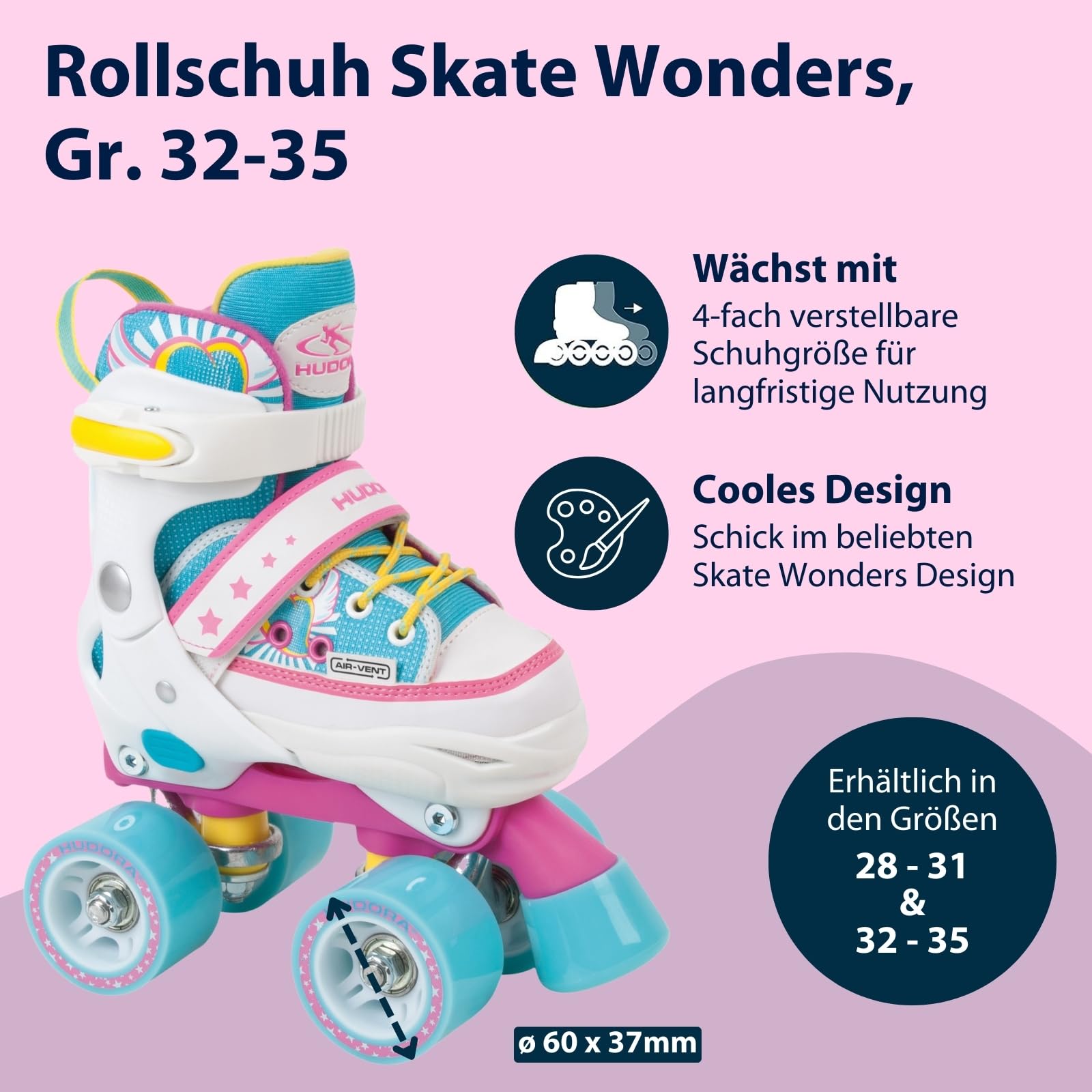 HUDORA Roller Skates Wonders in versch. Größen - Bequeme Kinder Rollschuhe über 4 Größen verstellbar - stilvolle Rollschuhe für Kinder bis 60 kg - Roller Schuhe aus hochwertigem Nylon