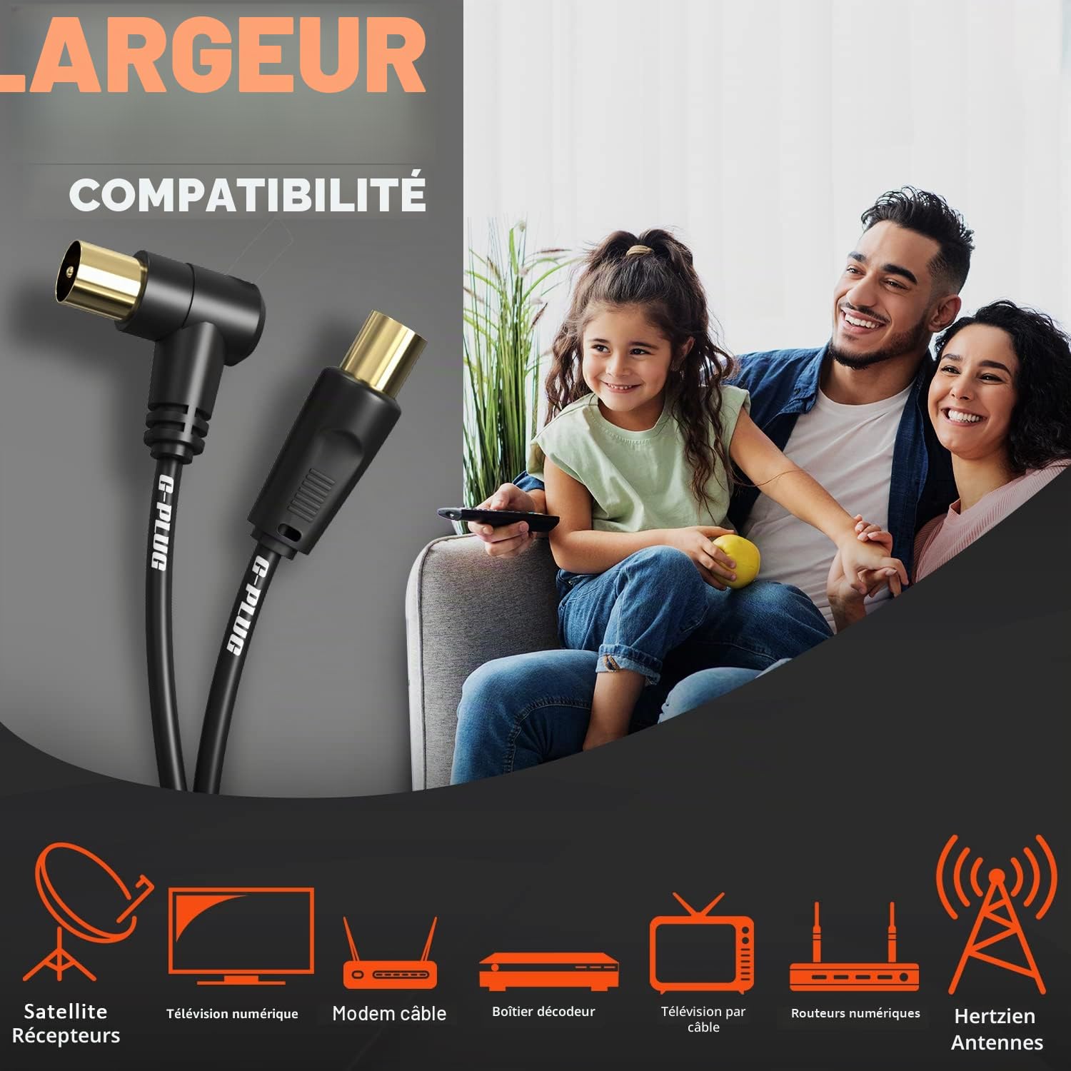 Câble d’Antenne TV 2m Angle Droit Coaxial Mâle-Mâle avec Adaptateur Connecteurs RF Plaqués Or
