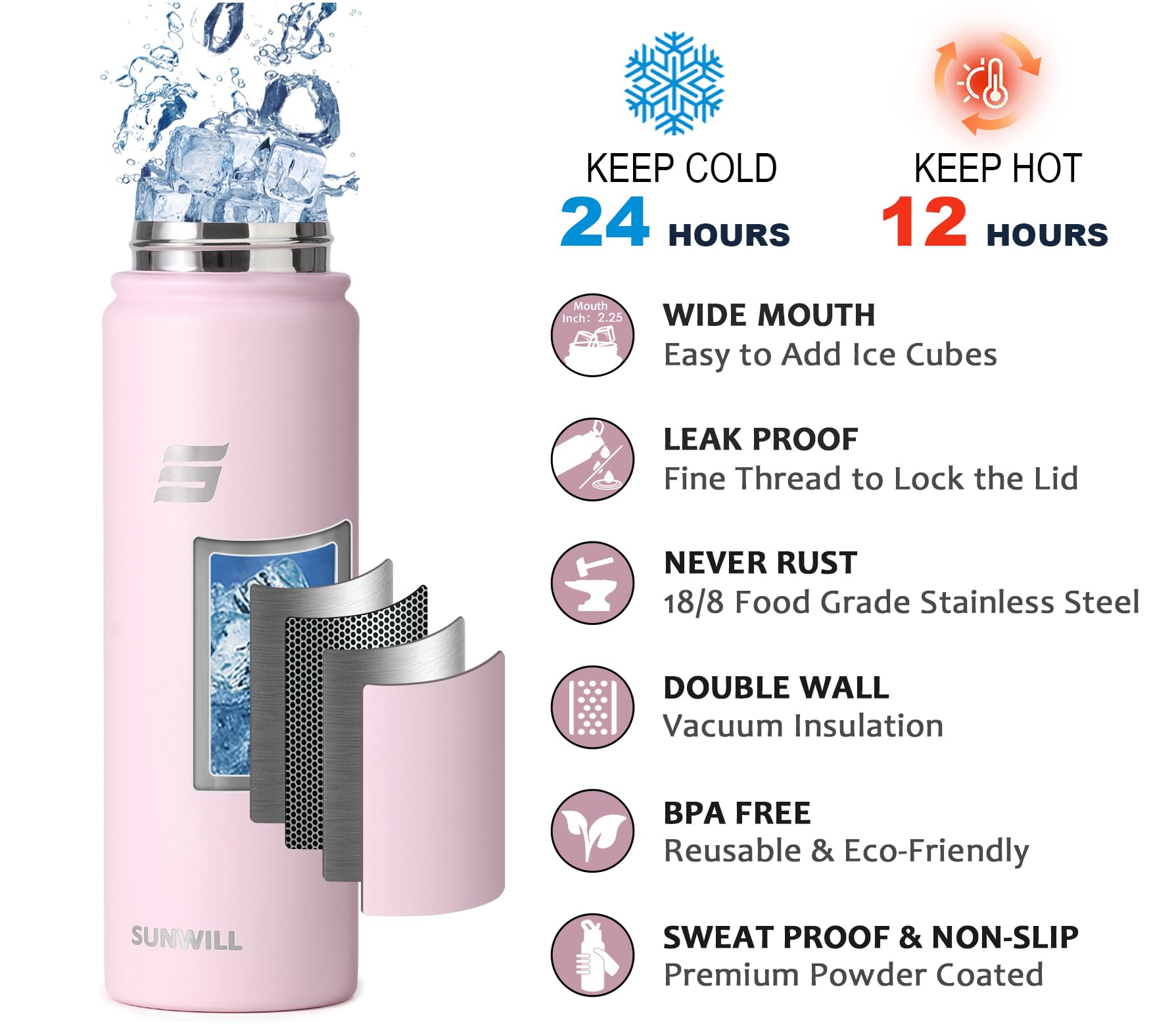 SUNWILL Metal Water Bottle with Straw Stainless Steel - Image 3