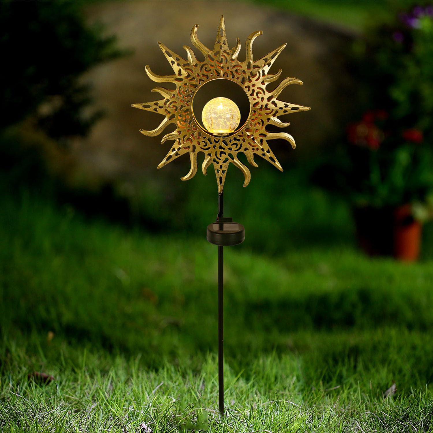 Taylor & Brown Solar Lights Outdoor Landscape Decor Sun Lantern for Patio, Lawn or Pathway Decorations Crackle Glass Globe Stake Metal Lamp Waterproof Warm White LED Garden Light