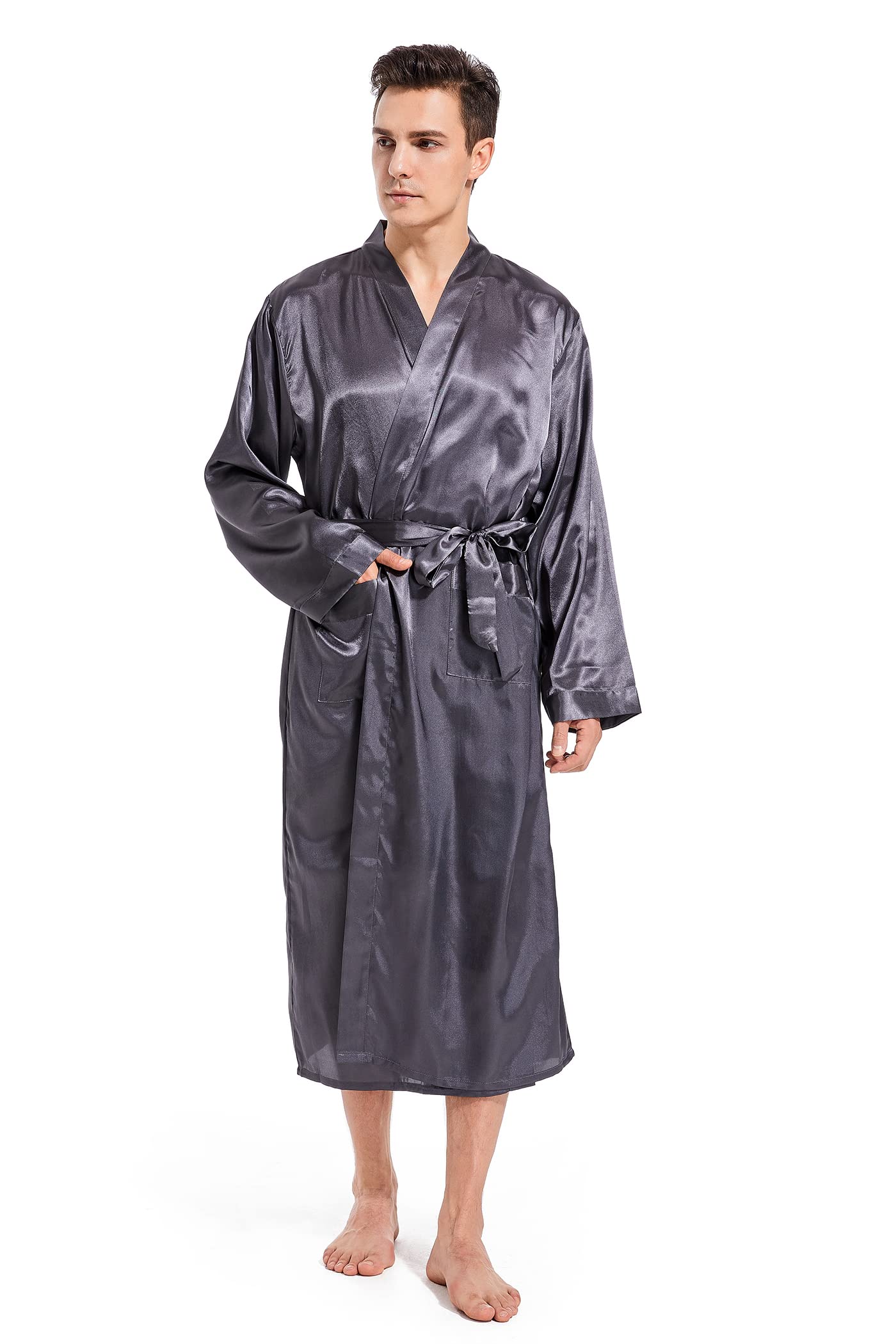 Men Silk Kimono Robe with Pocket Bathrobes for Men Summer Sleepwear Satin Mens Loungewear Long M,L,XL,XXL,XXXL