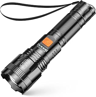 LED Flashlight Rechargeable High Lumens, Bright Powerful Handheld Flashlight Zoomable Waterproof Tactical Flashlights 4 Modes for Camping Hiking Outdoor Emergency (Black P90)