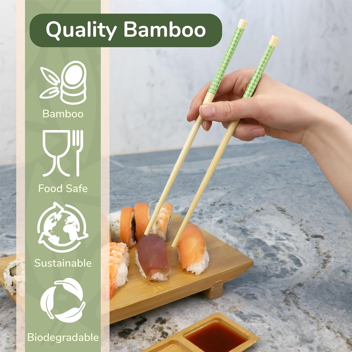 BambooMN Premium Reusable Japanese Bamboo Chopsticks, Diamond Checkered Pattern, 9.5 inch - Green and Orange - 6 Pairs