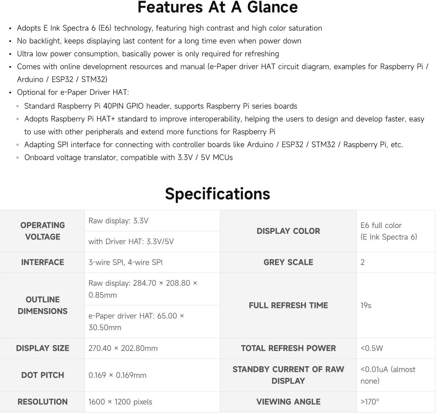 Waveshare 13.3inch E Ink Spectra 6 (E6) Full Color E-Paper Display, Compatible with Raspberry Pi 5/4B, 1600×1200, SPI, with HAT+ Standard Driver HAT