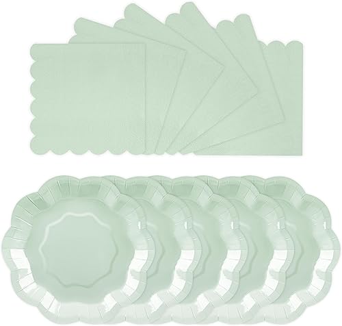 Sage Scalloped Plates + Napkins (100pc / 50 guests)