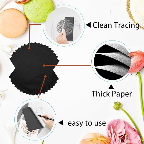 100Pcs Carbon Paper for Tracing, Black A4 Carbon Paper, Copy Paper, Transfer Paper Ultra Thin and Light for Art Craft Projects Paper Wood Glass Metal Ceramic Clay Home or Office Use