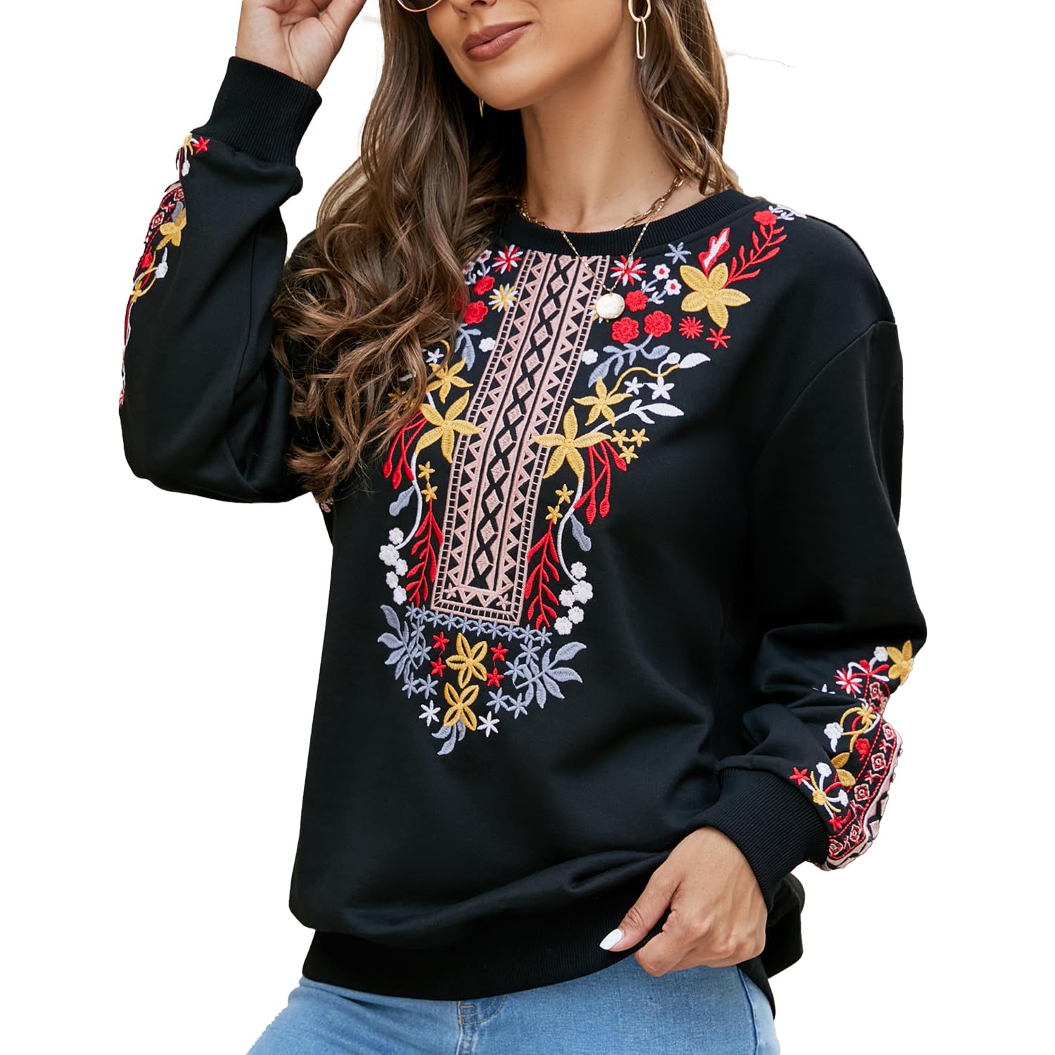 Seasonal Bohemian Stickerei Tunika Damen Langarm Hippie Kleidung Boho Oberteile Elegante Trachtenbluse Sweatshirt