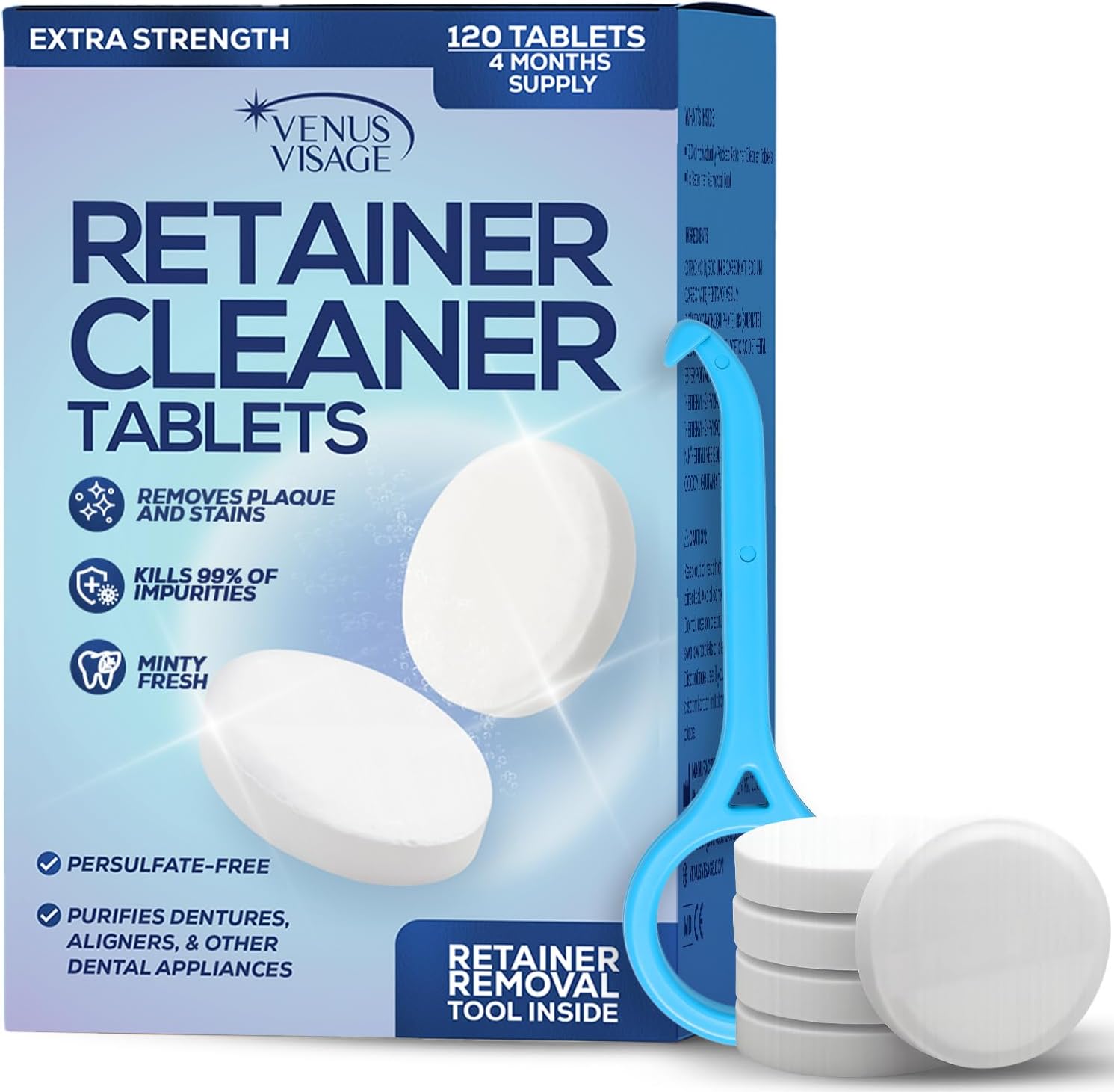 Retainer Cleaner Tablets for Invisalign & Aligners – 120 Denture Cleaning Tablets for Night Guards, Mouth Guards & Ultrasonic Cleaners – 4 Month Supply | Venus Visage