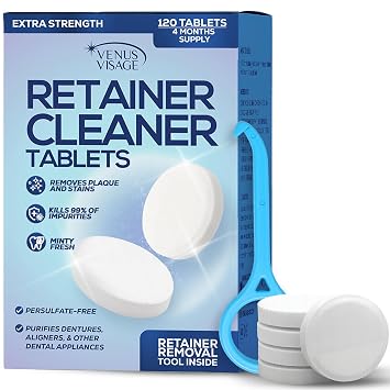 Retainer Cleaner Tablets for Invisalign & Aligners 120 Denture Cleaning Tablets for Night Guards, Mouth Guards & Ultrasonic Cleaners 4 Month Supply | Venus Visage