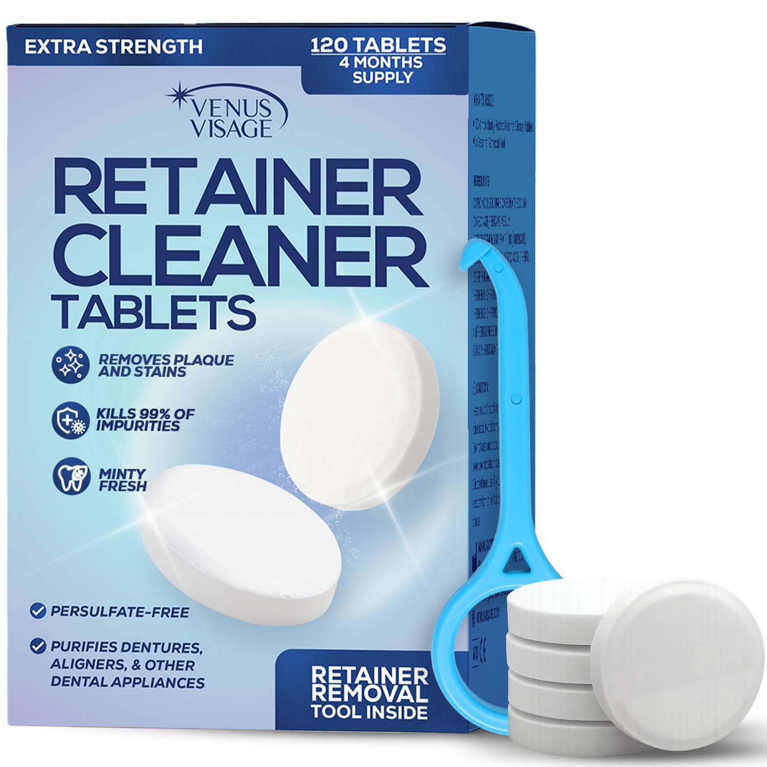 Retainer Cleaner Tablets for Invisalign & Aligners – 120 Denture Cleaning Tablets for Night Guards, Mouth Guards & Ultrasonic Cleaners – 4 Month