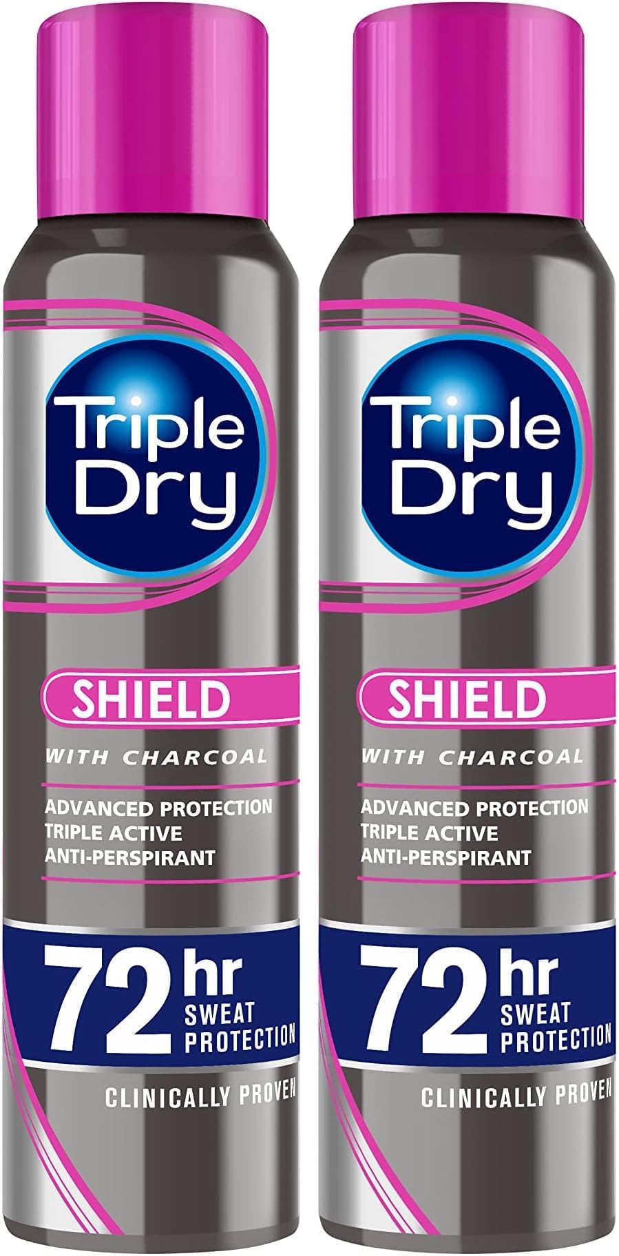 Triple Dry Women | Shield With Charcoal Anti-Perspirant Spray 150ml | 72-Hour Protection Against Excessive Sweating | Fight Odour | Triple Active Formula | Clinically Proven | Female (Pack of 2)