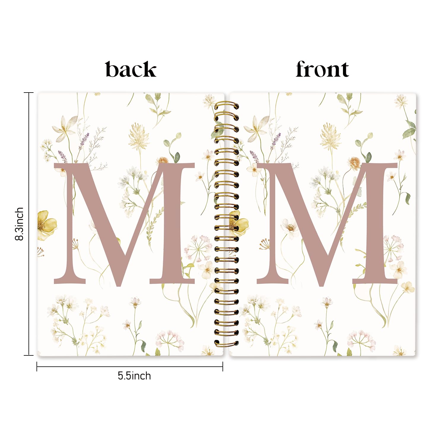 Cuaderno con letra M inicial, regalos monogramados para mujeres, diario para adolescentes, lindos cuadernos florales personalizados para mujeres, cuaderno de espiral de tapa dura de 5.5 x 8.3