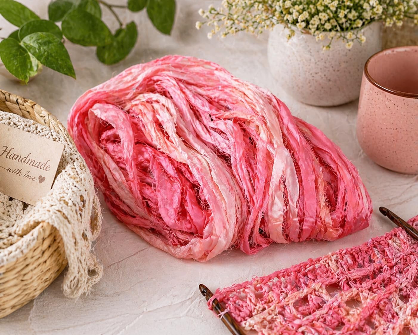 Knitsilk Recycled Sari Silk Ribbon |Best for Crochet, Knitting and Jewelry Making |Sustainable and Unique Texture Ribbon Yarn |50 GMS-30Yards-Peach Ombre, Pack of 1|
