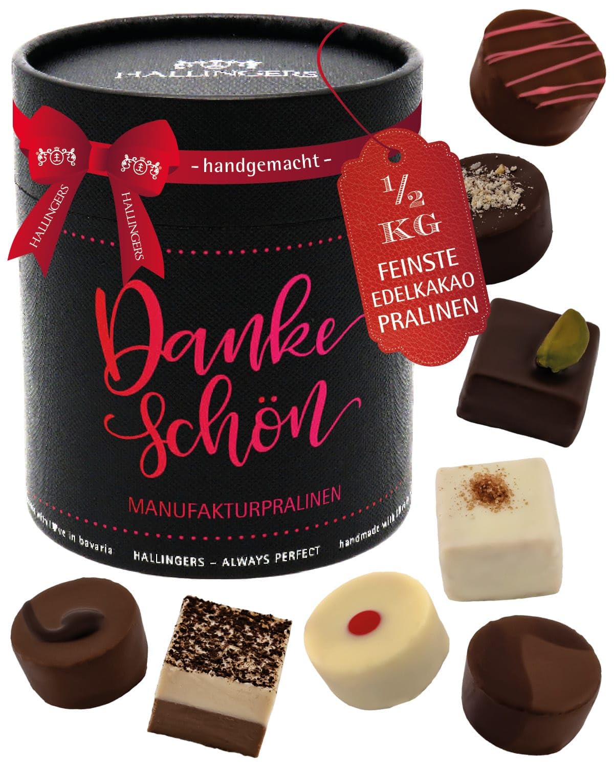 Hallingers Genuss Manufaktur Pralinen Dankeschön-Geschenk - ohne Alkohol, handmade aus Confiserie-Edelkakao in wertiger XXL-Geschenkdose "Dankeschön", Geschenkidee für Frauen Männer