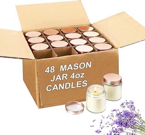 Jutom Paquete de 48 mini velas en tarro de 4 onzas a granel, pequeñas velas de cera perfumadas a lavanda para bodas, baby shower, fiestas, regalos