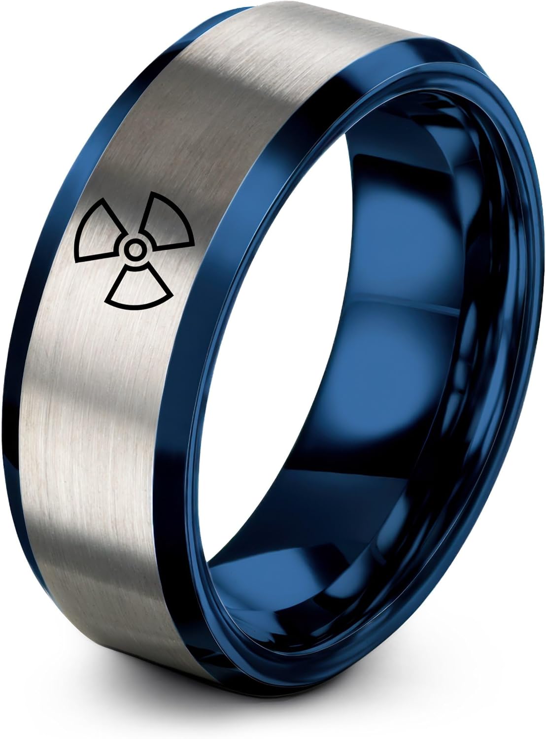 Gift for Safety Officer - Radiation Trefoil Ring - 8mm - Band - Anniversary Engagement Wedding - Personalized Custom Engraving - Blue Gunmetal Silver - Men Women - Tungsten Carbide - Flat Dome Bevel